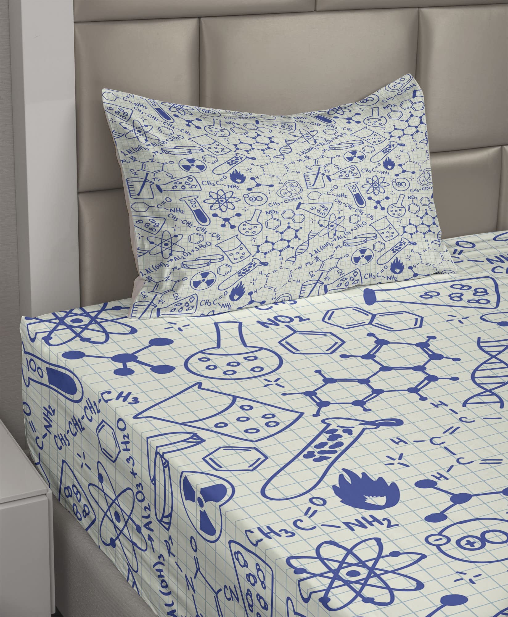 Ambesonne Cartoon Sheet Set, Science Chemistry Geometry Math Nerd Geek and Genius Themed Design Art, Fitted and Flat Sheet with Pillowcase Bedding Accent 3 Piece Set, Twin, Ivory Blue
