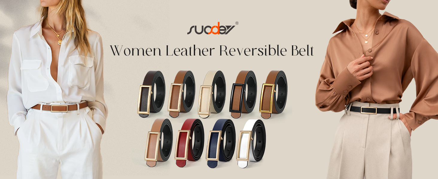 SUOSDEY Women Reversible Leather Belts for Jeans Pants Dresses Ladies Fashion Belts with Gold Buckle, 0.9
