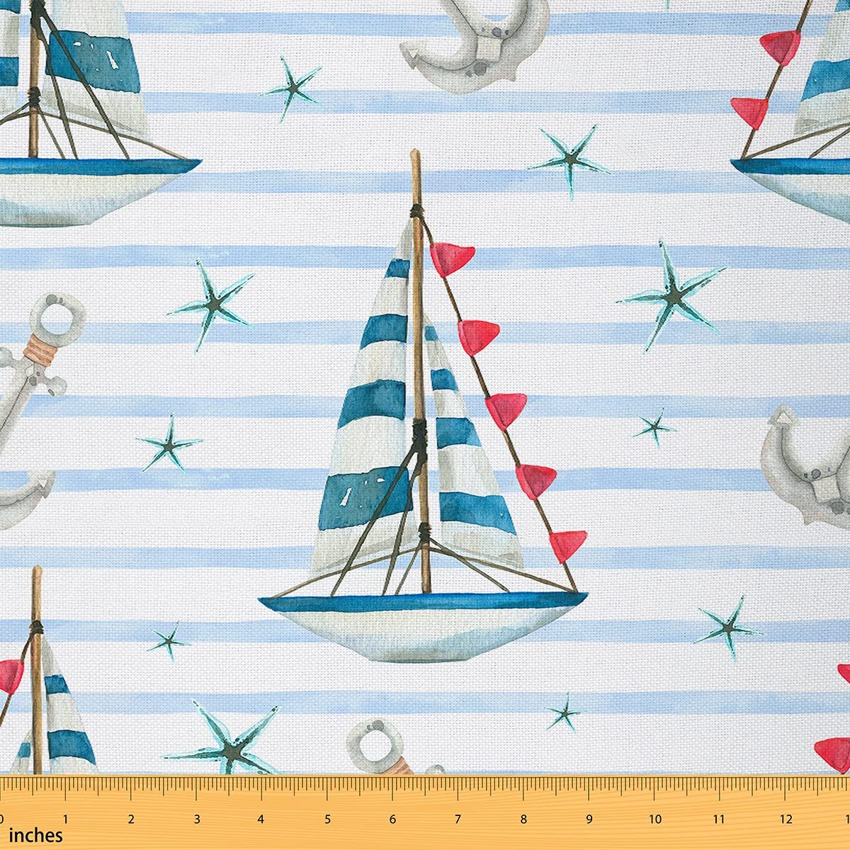 Richhome Multi 19 Nautical Themed Fabric By The Yard Cartoon Sailing Boat Cute Starfish Fabric For Kids Teens Adults Watercolor Blue Stripes Anchor Summer Style Fabric For Curtain And Home Diy Projects 1 Yard