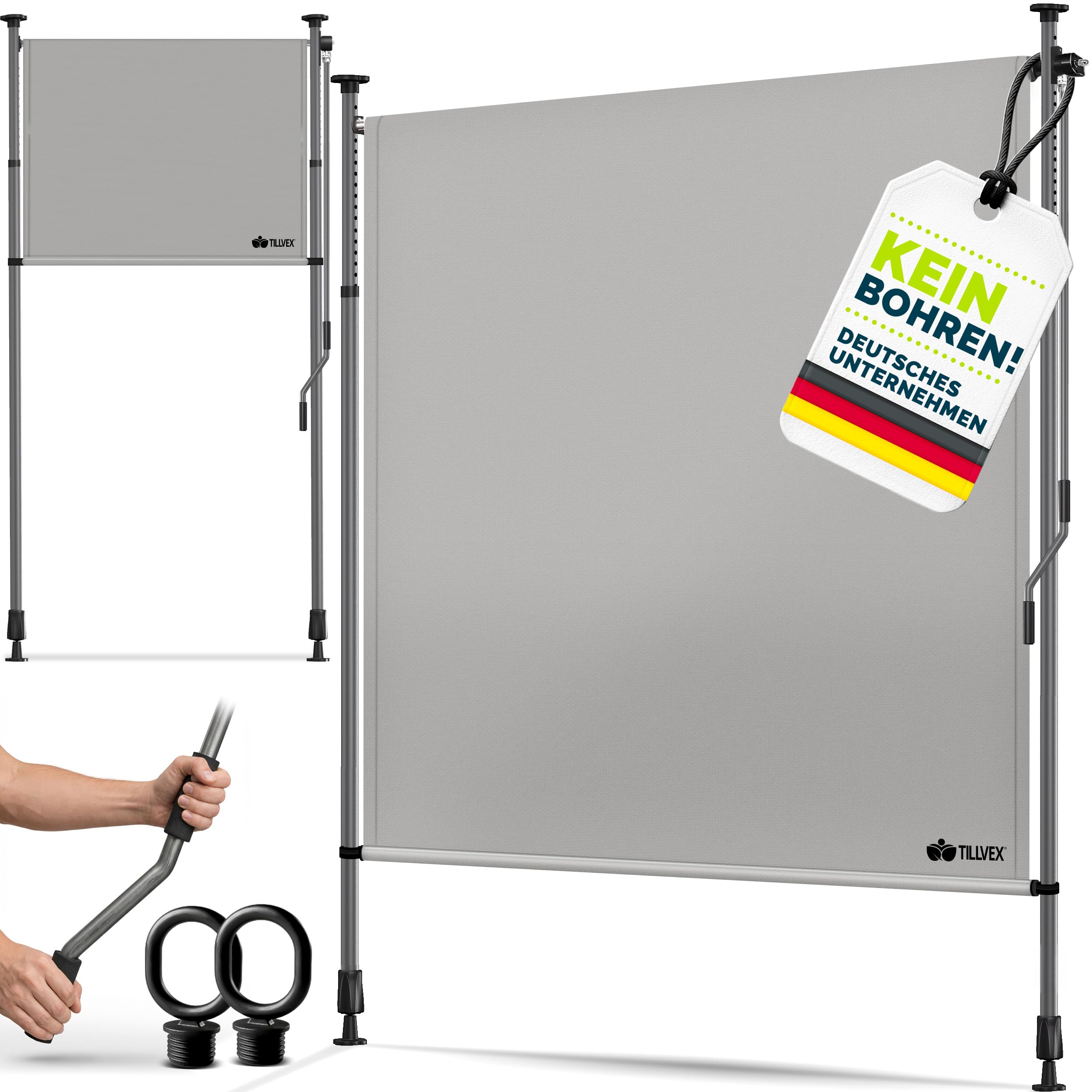 tillvex® Klemmmarkise Senkrechtmarkise mit Handkurbel ohne Bohren | Sichtschutz Ausziehbar & Blickdicht | Vertikalmarkise Balkon Terrasse Garten | Sichtschutzrollo Wetterfest (Grau, 150x310 cm)