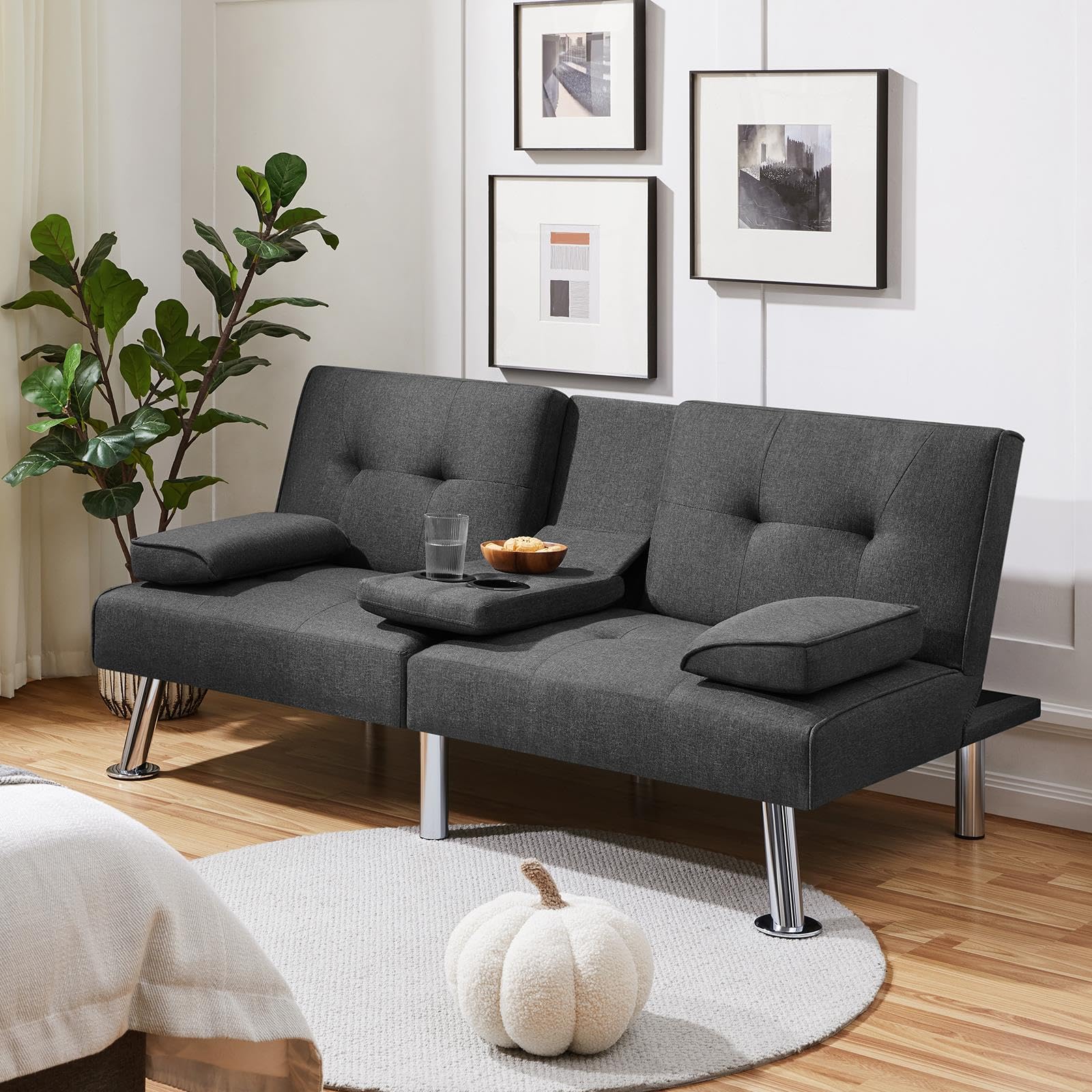 Yaheetech Convertible Sofa Bed Adjustable Fabric Couch Sleeper Modern Recliner Reversible Loveseat Folding Daybed Guest Bed, Removable Armrests, Cup Holders, 3 Angles, 772lb Capacity, Black: Yaheetech Convertible Sofa Bed Adjustable Fabric Couch Sleeper Modern Recliner Reversible Loveseat Folding Daybed Guest Bed, Removable Armrests, Cup Holders, 3 Angles, 772lb Capacity, Dark Gray