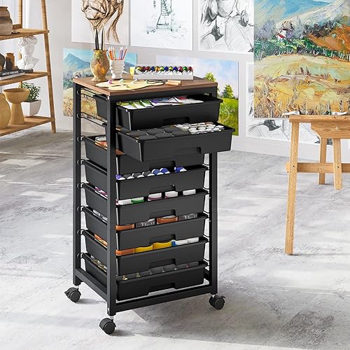 Miniatura 4 de Carrito de almacenamiento rodante con cajones, carrito de utilidad con 8 cajones y mesa de madera, carrito de cajón rodante, carrito de Negro