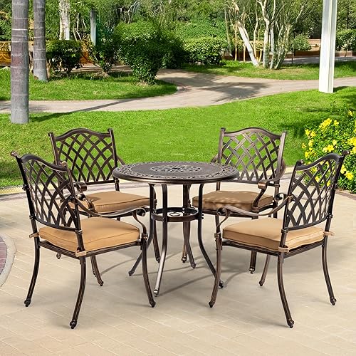 Miniatura 8 de VINGLI Juego de 2 sillas de patio apilables de aluminio fundido para exteriores con acabado de bronce vintage y patrón de diamante, sillones de