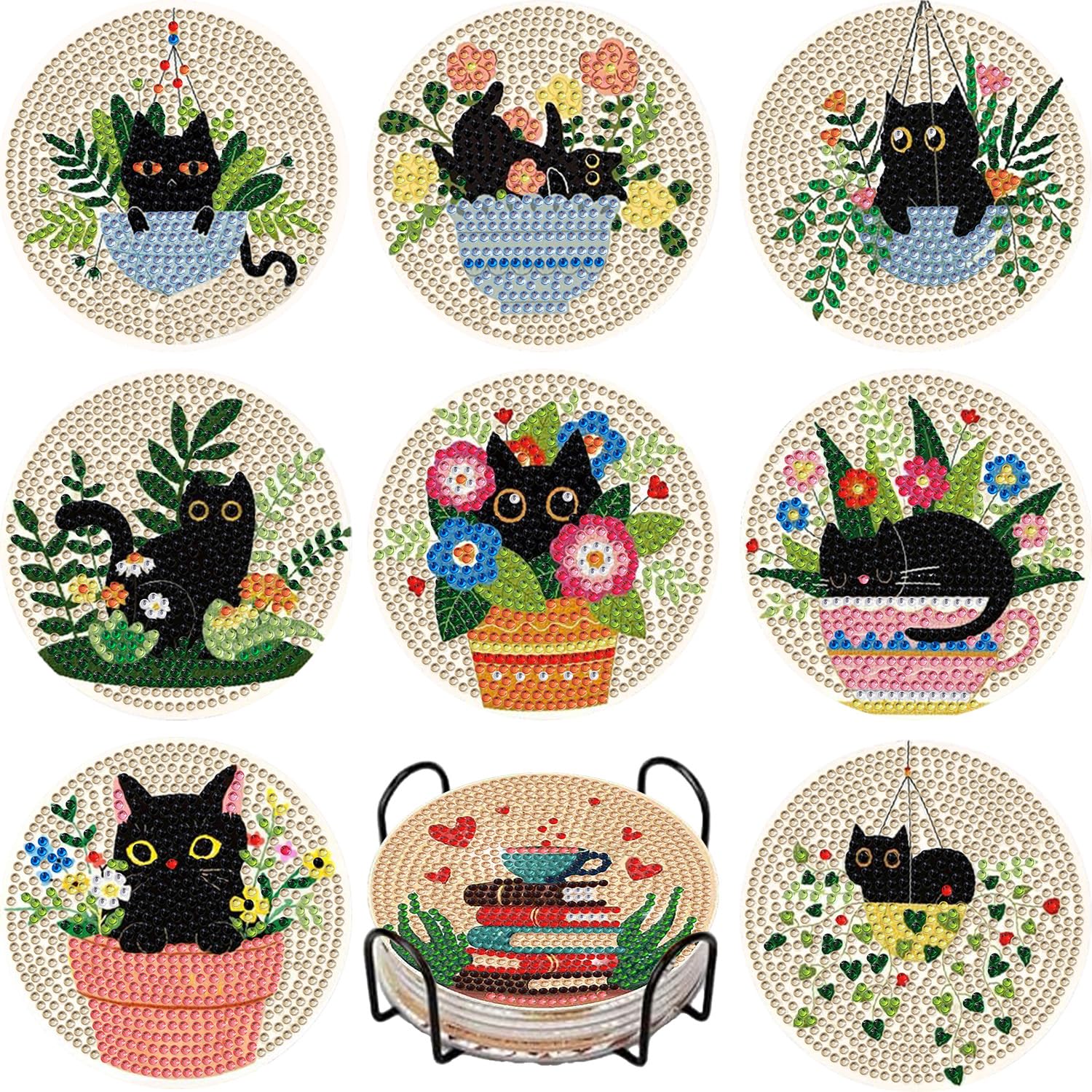 WEMEON 8 Stück Diamond Painting Untersetzer, Katze DIY für Diamond Painting Untersetzer mit Halter, Kreativ Mosaik Basteln für Erwachsene, Personalisiertes Anti-Stress Geschenk