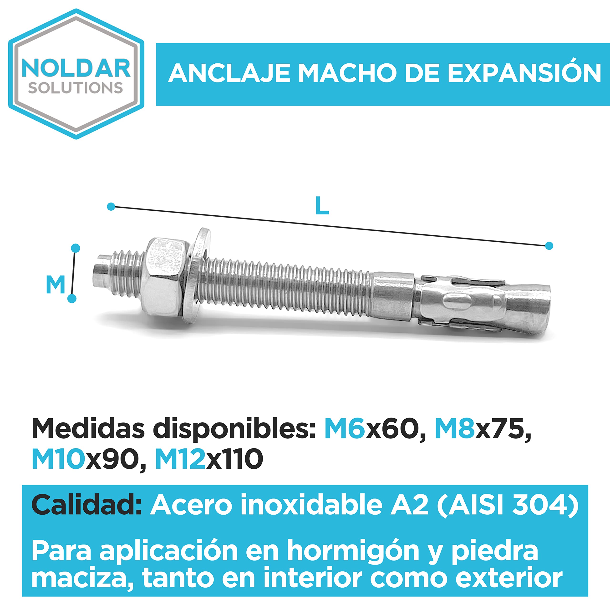 Anclaje macho de expansión para cargas altas en acero inoxidable A2. Con tuerca y arandela premontadas. M8 x 80 para broca Ø8. Para hormigón. (25 uds)
