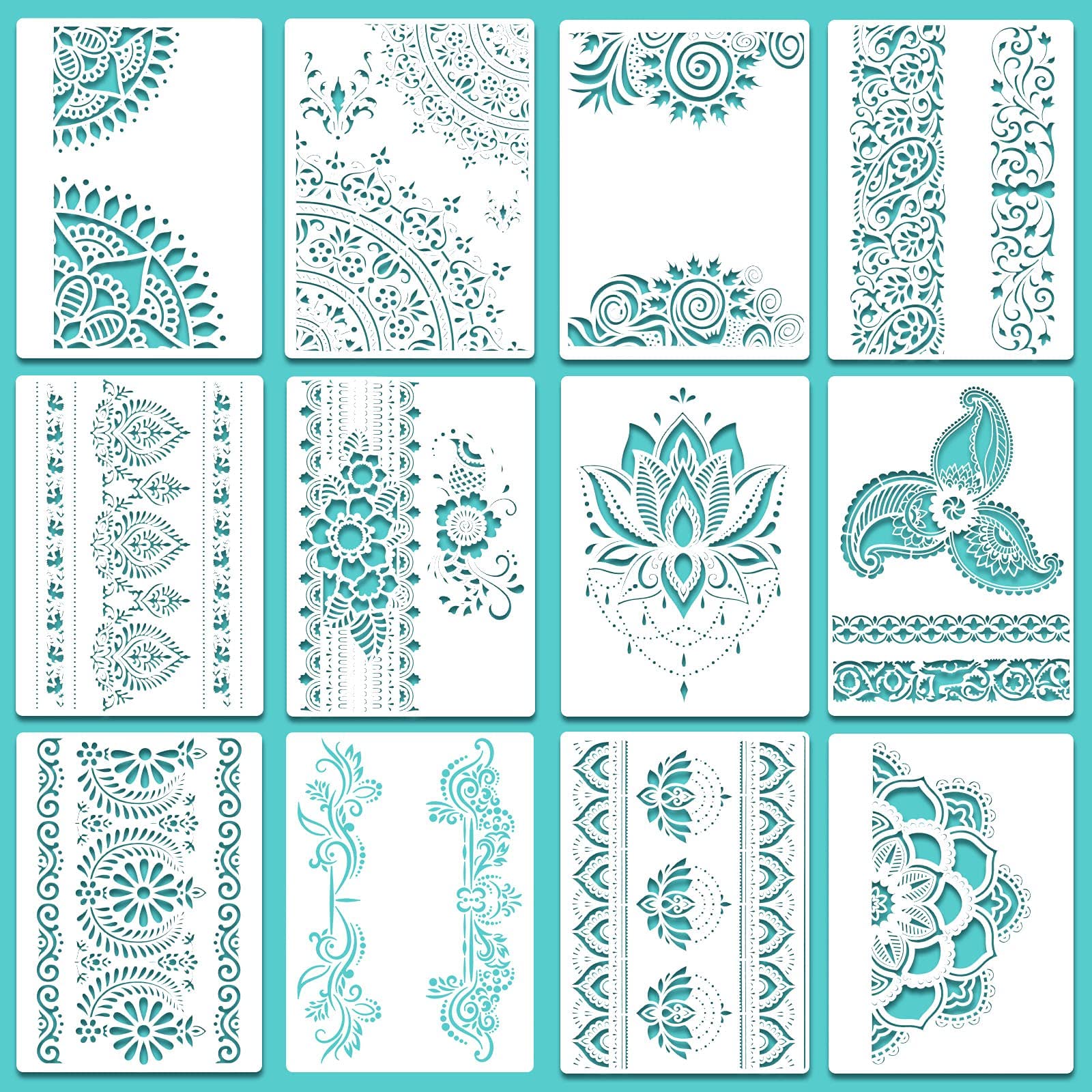 Large Mandala Stencil Reusable Mandala Painting Templates 8.3 x 11.7 Inch Floral Design Stencil Mandala Drawing Craft Stencil for DIY Wall, Tile, Furniture, Canva, Outdoor Indoor Decoration, 12 Piece