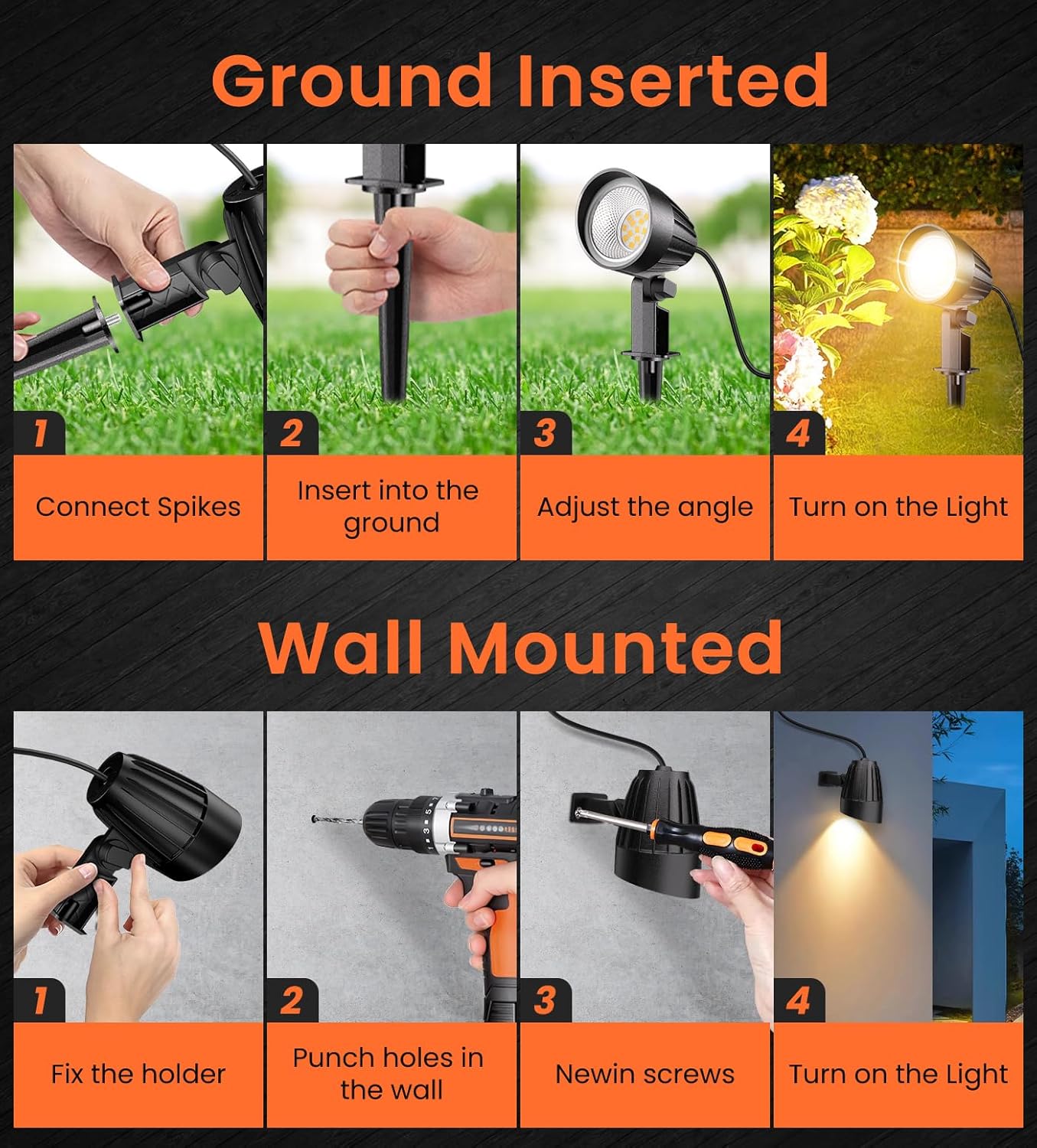 Ground inserted and wall mounted installation steps for MEIKEE landscape light