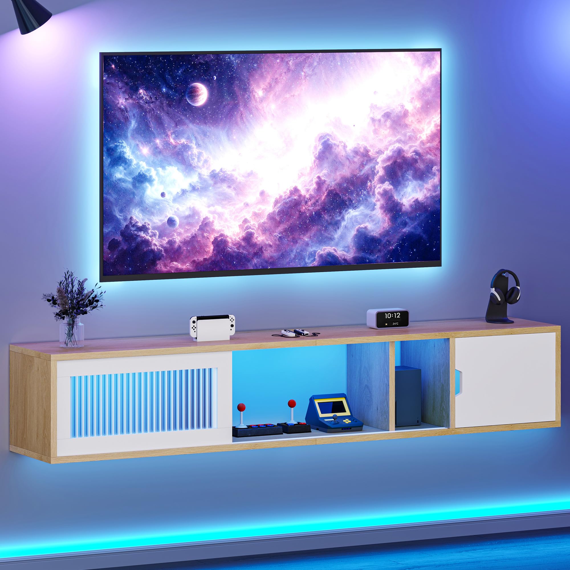 YITAHOME Meuble TV Suspendu Flottant avec Lumières LED RGB, 148 cm Meuble TV Flottant pour Téléviseurs Jusqu'à 65 Pouces avec Centre de Divertissement avec Porte pour Salon et Chambre