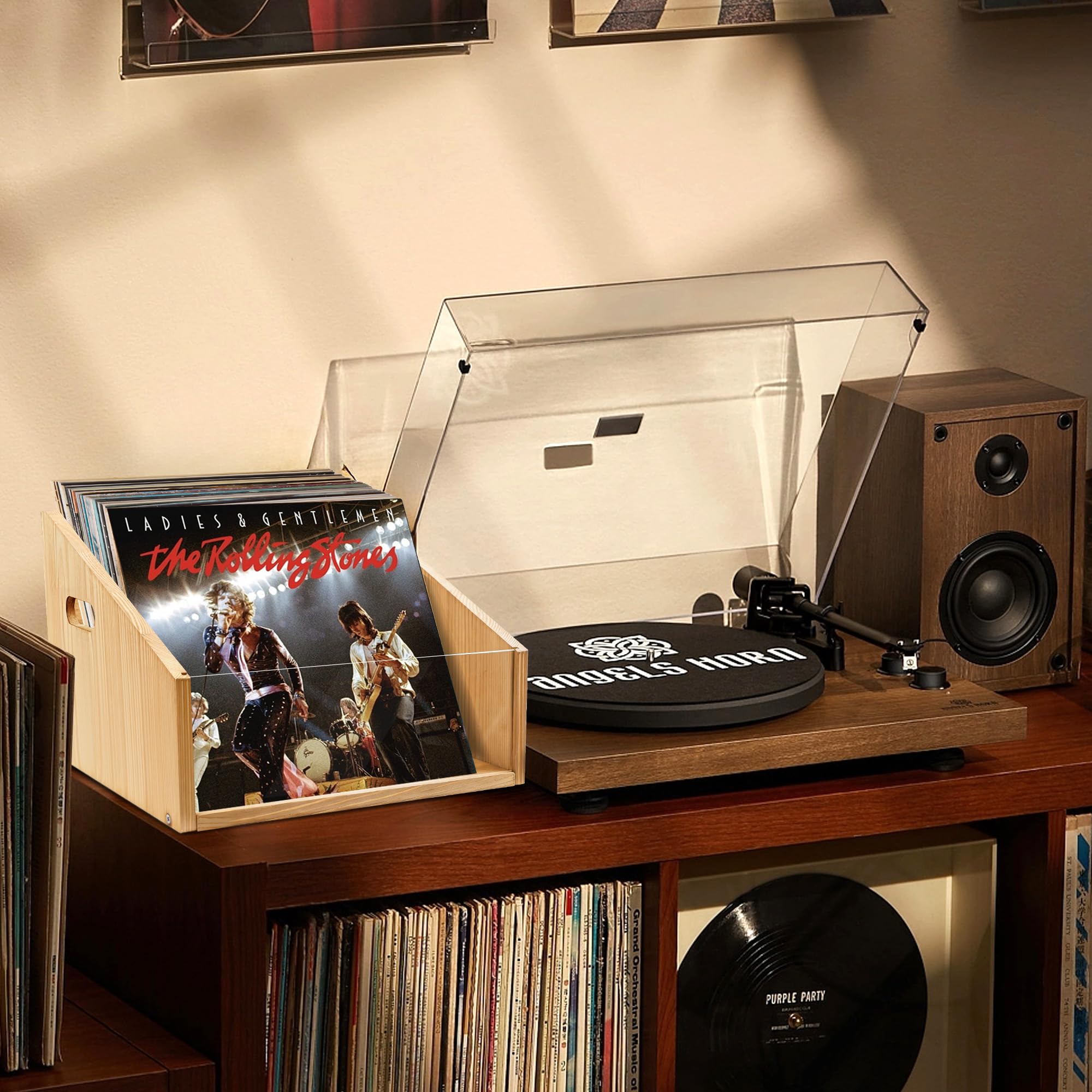 GRETJOB Cassetta per dischi in vinile, in legno e acrilico, può contenere oltre 70 dischi, libri, cartelle, per scrivania e casa e ufficio, con manico (colore legno naturale)