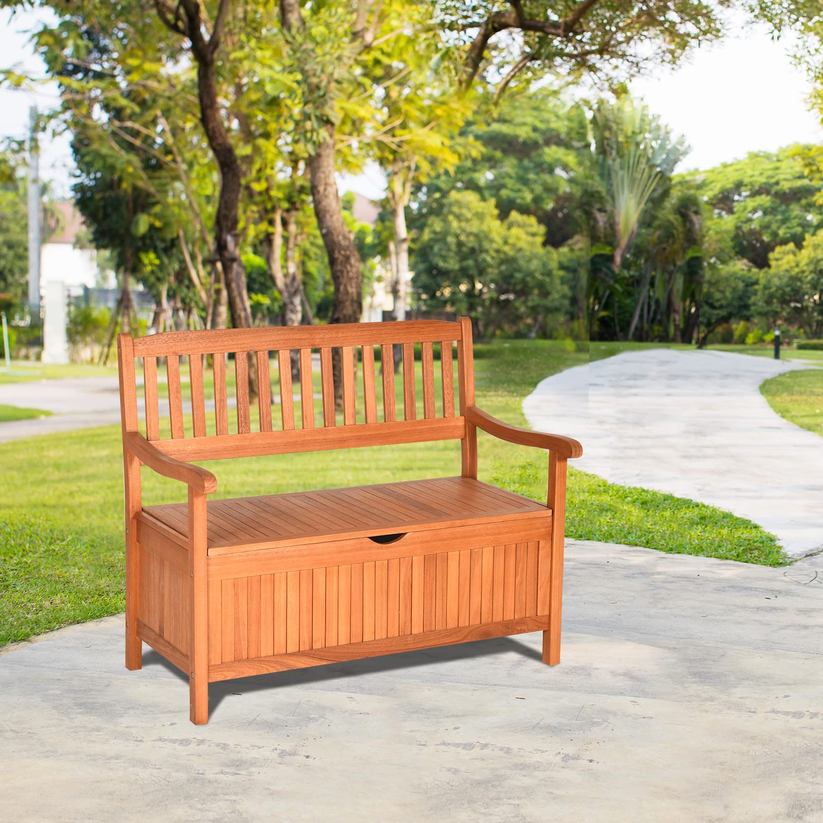 RELAX4LIFE Banc de Jardin en Bois d'Acacia Massif avec Rangement, Banc Bois Extérieur avec Dossier & Accoudoirs, Coffre de Jardin avec Sac Anti-Poussière, Capacité 360 KG, pour Extérieur/Intérieur