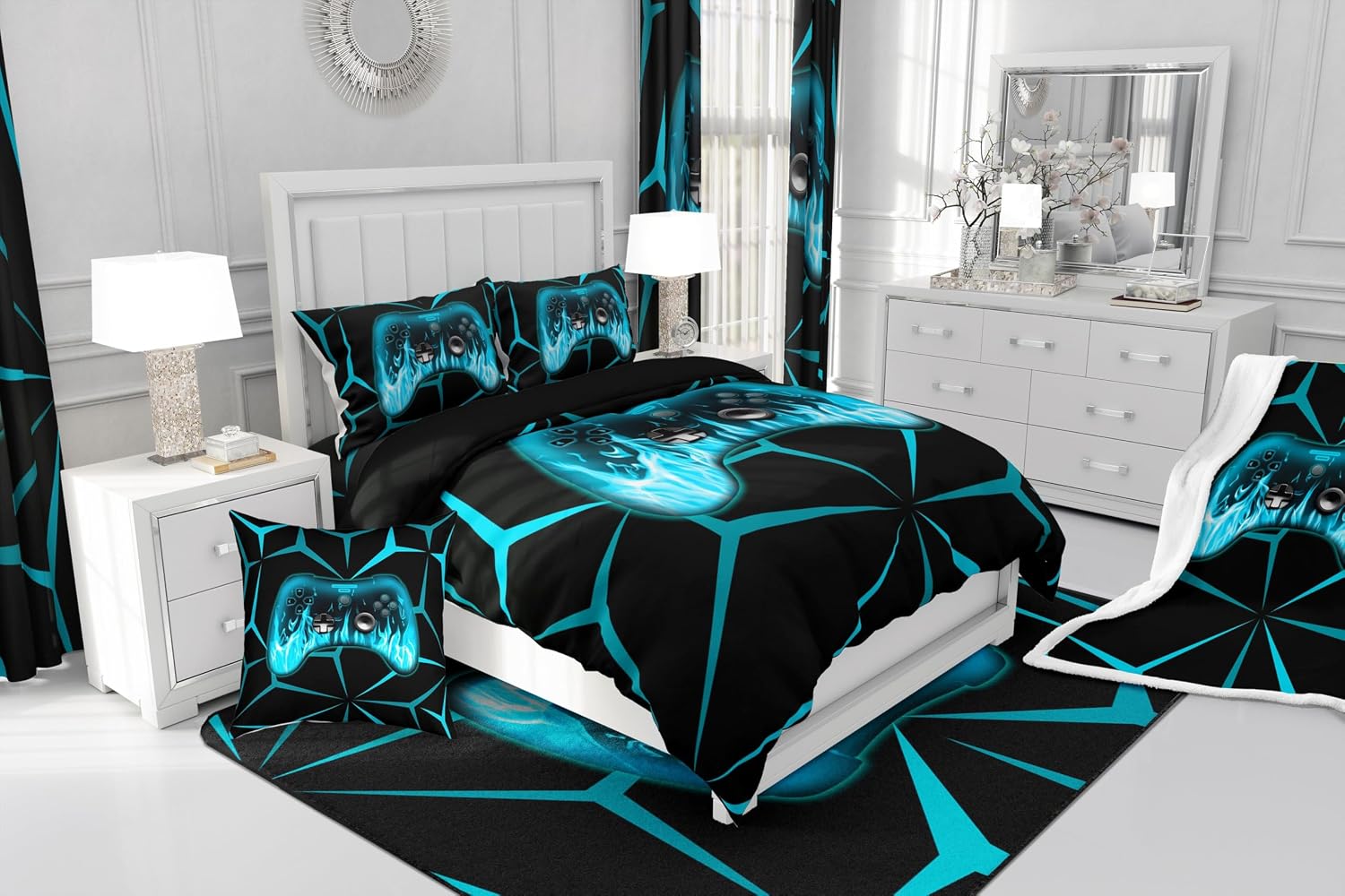 Feelyou Kids Game Console Curtains,3D Geometric Gaming Window Curtains for Living Room for Teens Boys,Blue and Black Gamer Window Drapes,Video Game Gaming Blackout Curtains, 42W X 90L,2 Panels image 4