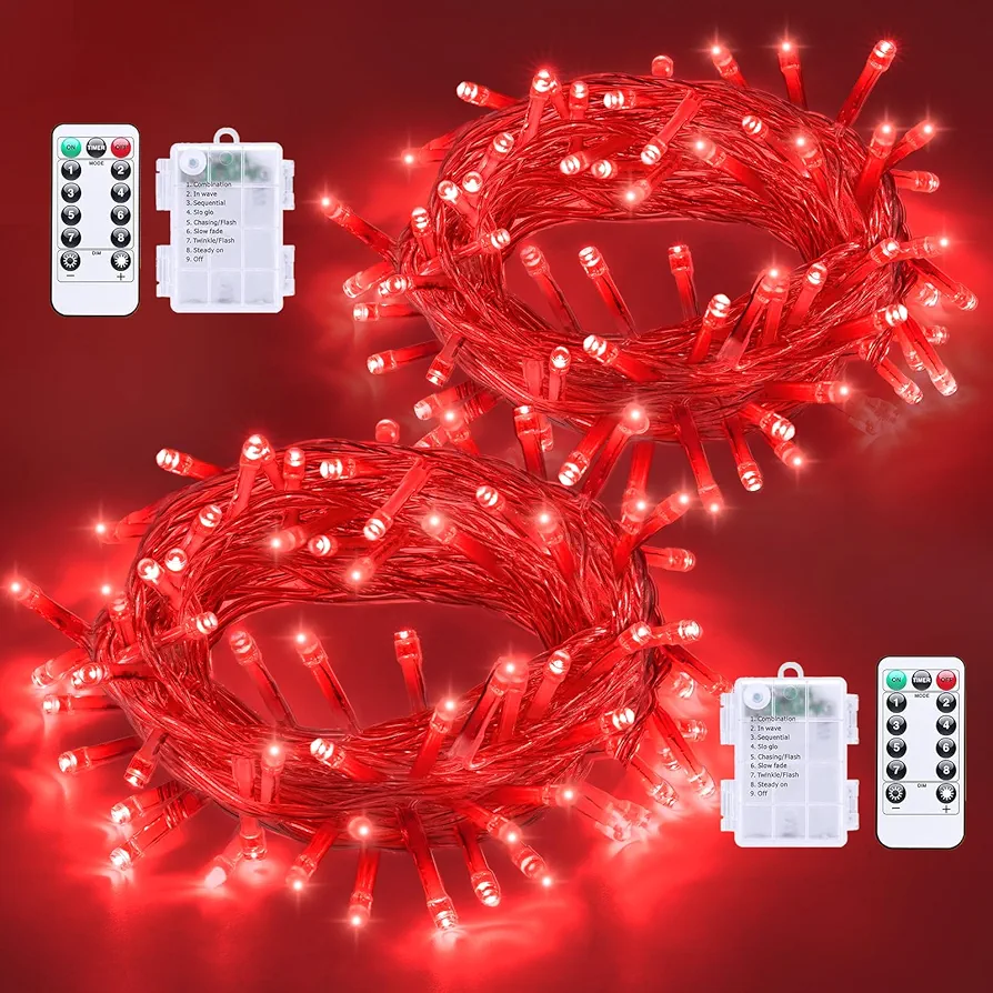 QITONG 2 Pack Red Battery Operated Christmas Lights, Each 33ft 100 LED String Lights Outdoor Waterproof with Remote, Clear Wire Twinkle Lights with 8 Modes Indoor