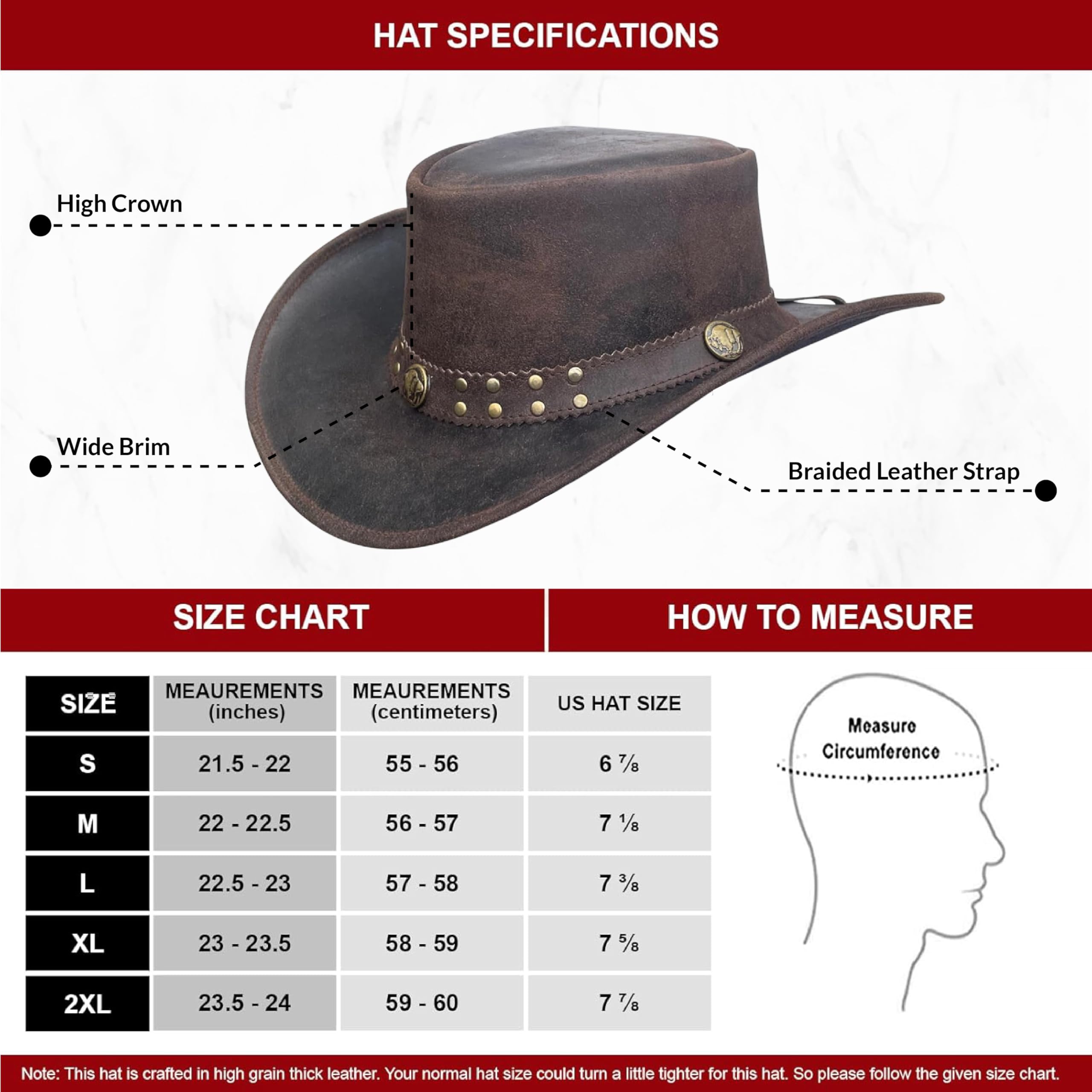 BRANDSLOCK Cowboyhut aus Leder für Herren, handgefertigt, formbar, breite Krempe, langlebig, Cowgirl-Outback-Hut