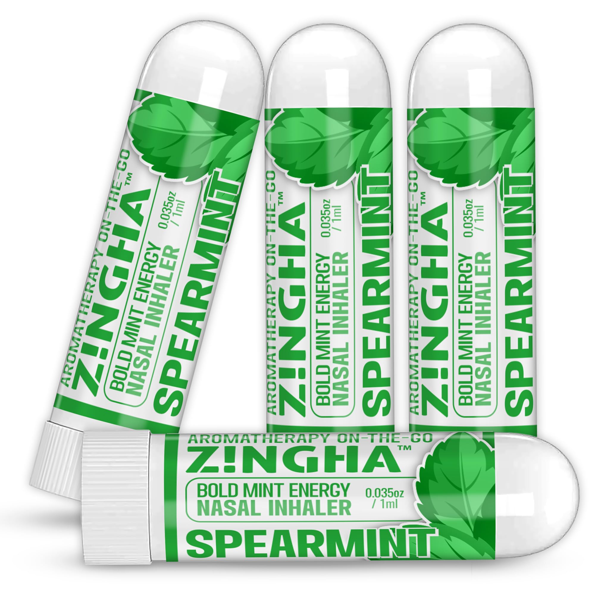 Z!NGHA Natural Aromatherapy Nasal Inhaler Stick for Sinus Relief, Focus & Stress Relief | Portable Dual-Hole Essential Oil Blend (4PK, Spearmint)