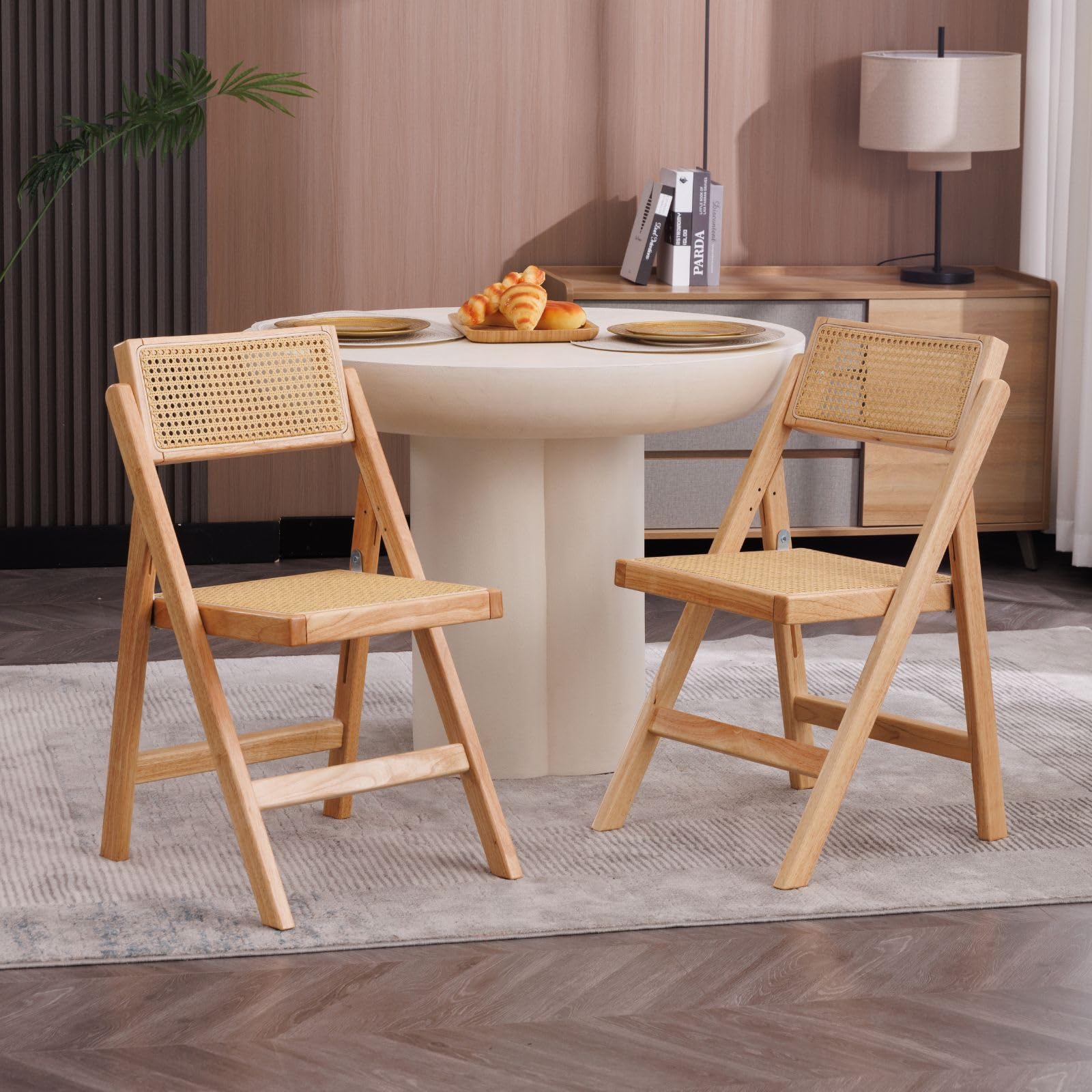 chairus Sillas de Comedor de Madera Juego 2 de Sillas Cocina Plegables con Respaldo de Ratán, Sillas de Salón Naturales sin Reposabrazos para Resturante/Cafetería, Amarillo