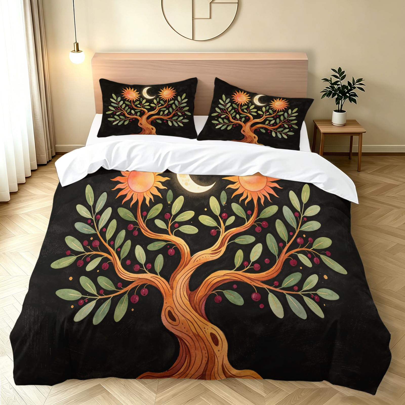 Set Copripiumino Singolo 135x200 cm Motivo Albero Della Vita Set di Biancheria da Letto in Morbido Traspirante Microfibra 3D con Copripiumino e 2 Federe 50x80 cm Nero G-2221