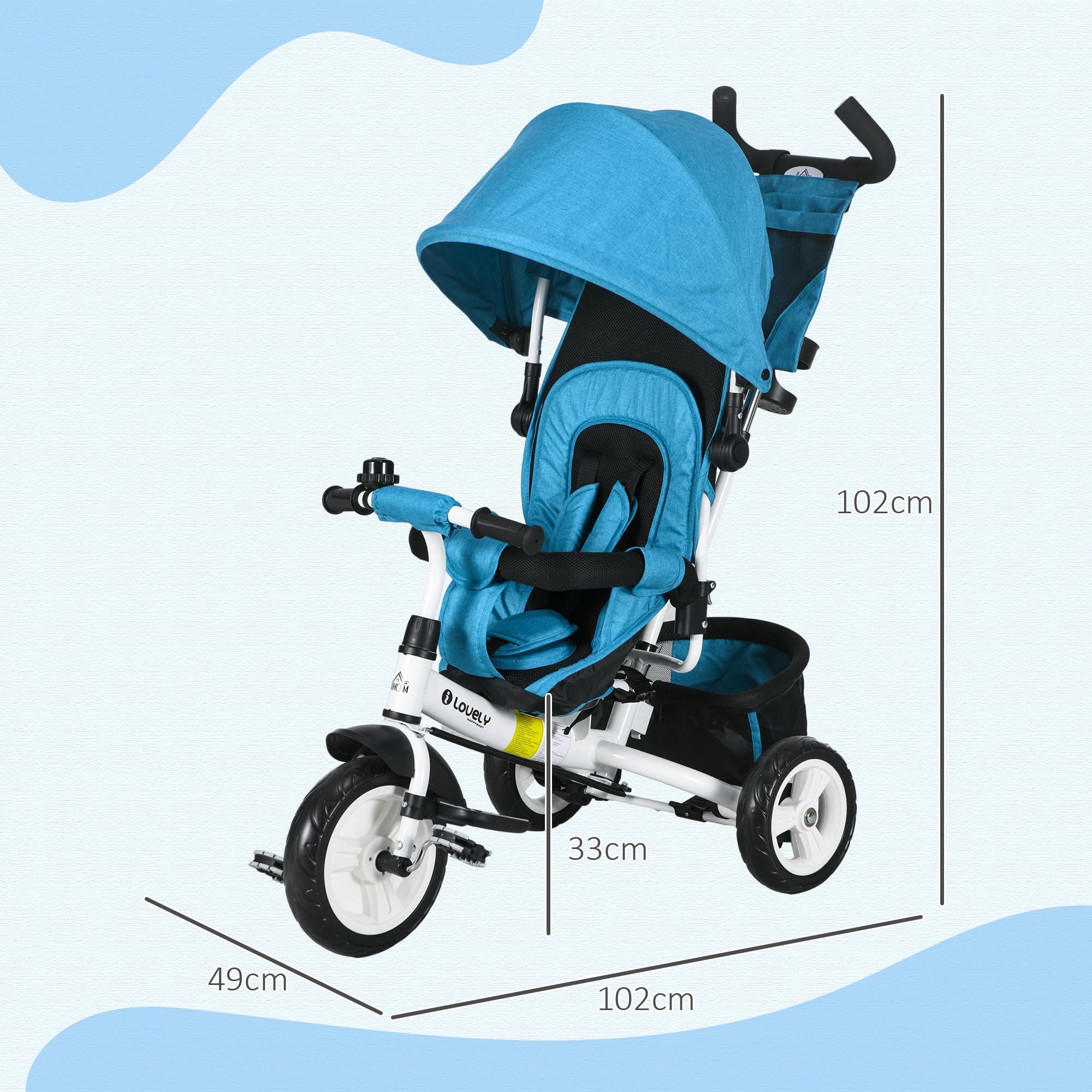 HOMCOM Dreirad 6-in-1 mit Schubstange für 1-5 Jahre Kinder bis 25kg, Kinderdreirad mit Vorwärts und Rückwärtsfahrt, Korb Tasche Becherhalter Sonnendach, Blau