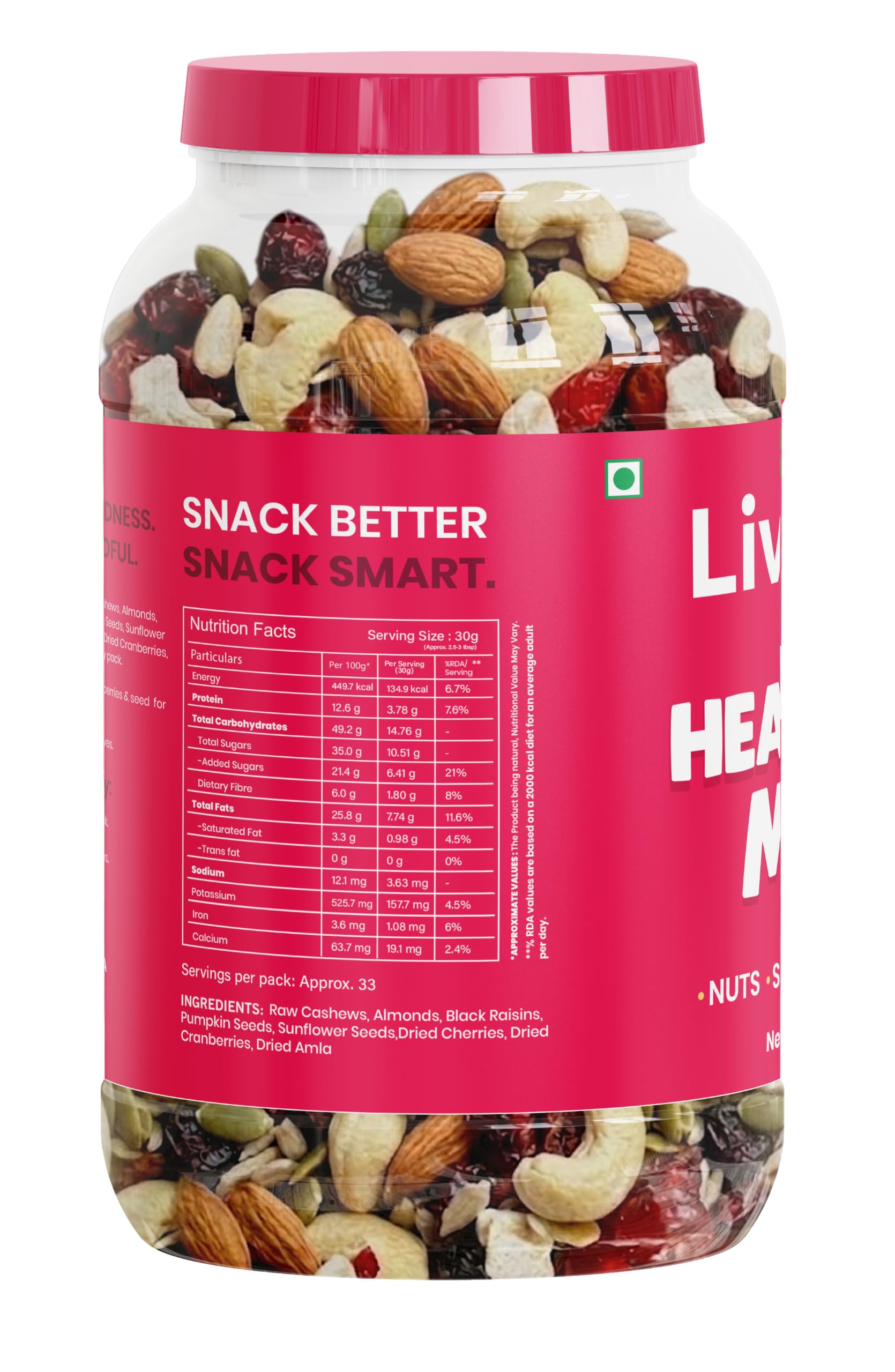 LIVYOR Gesunde Mischung aus Nüssen, Samen und Beeren | Mix Trockenfrüchte | Trail Mix | Geröstete Cashews & Mandeln, schwarze Rosinen, gerösteter Kürbis, Sonnenblume und Flachs, Cranberries, Kirschen