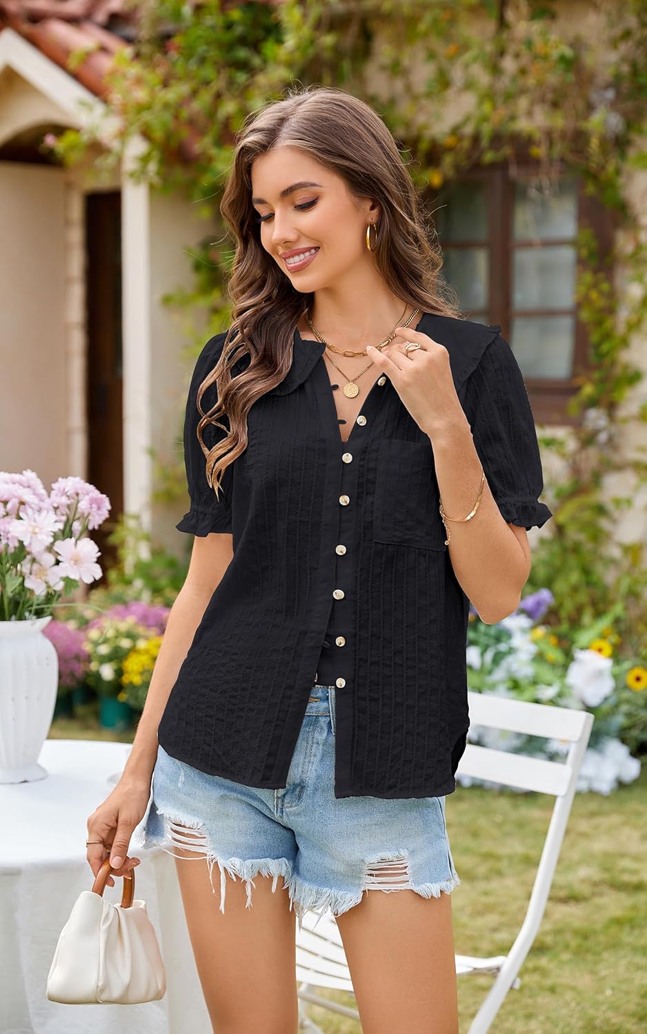 ECOWISH Women's Button Up Shirt - Peter Pan Collar Frilled Short Sleeve Summer Tops Casual Cotton Retro Floral Blouse - Image 4