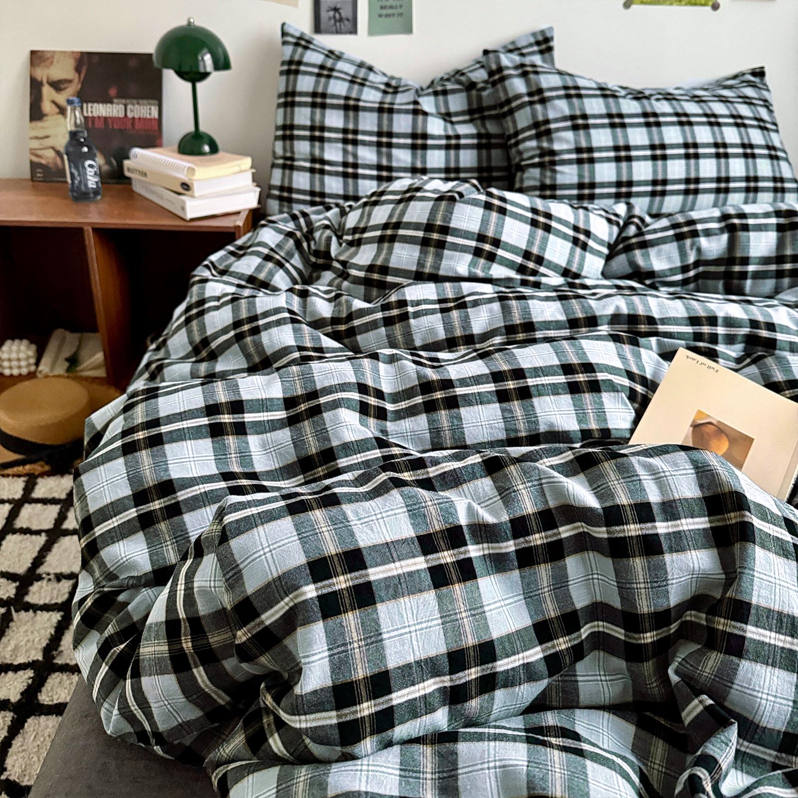 MKXI Full Buffalo Plaid Duvet Cover - Washed Cotton Farmhouse Bedding Set, Lightweight Breathable Reversible Comforter Cover, Gray Black Yellow Checkered