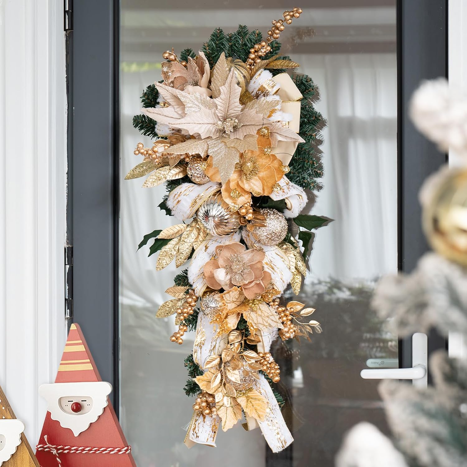 Pinkpuii 32" Christmas Swags with Lights– Large Gold Holiday Christmas Teardrop Swag Wreath with Velvet Ribbon Bow,Ball Ornaments,Flowers & Pine Needles for Front Door Fireplace Porch,Wall Decor