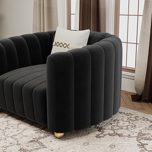 Miniatura 8 de KEAI - Juego de sofá copetudo de terciopelo negro para sala de estar, juego de sofá de 3 piezas de diseño moderno con patas de bola de metal