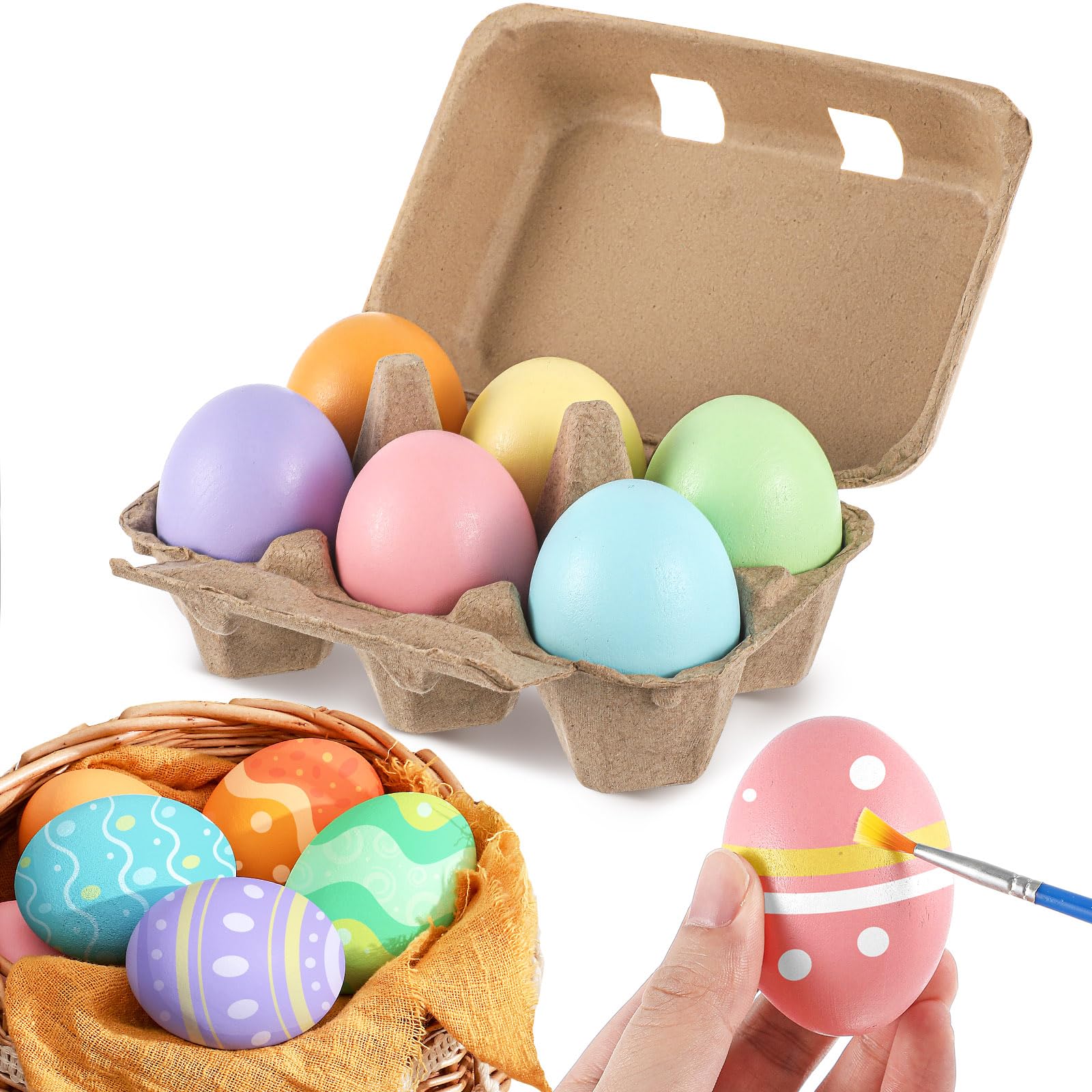 MiniInflat 6 Pcs Easter Wooden Eggs for Crafts Easter Colorful Fake Eggs Wooden Pastel Colored Decorative Craft for Spring DIY Decorating Toy Displays, 2.36 x 1.57 Inch