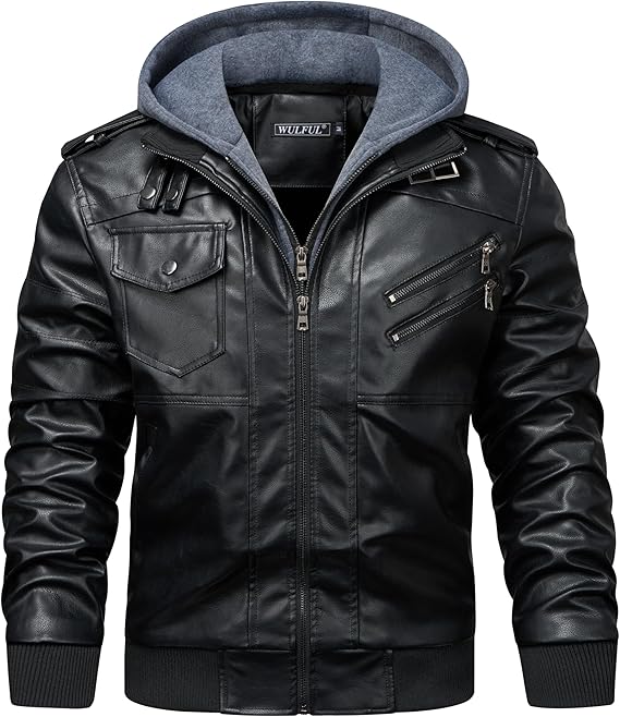 WULFUL Men's Leather Jackets, Faux Leather Jacket for Men Lapel Zip-Up Slim Fit Coat