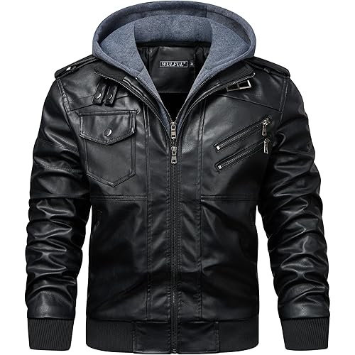 WULFUL Men's Leather Jackets, Faux Leather Jacket for Men Lapel Zip-Up Slim Fit Coat