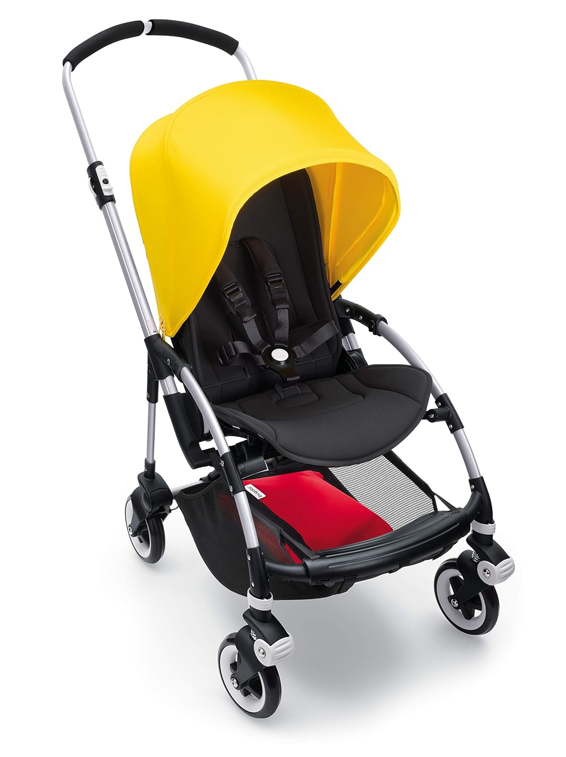 Bugaboo Bee3 stroller with the red compact transport bag pouch stored in its under-seat basket.