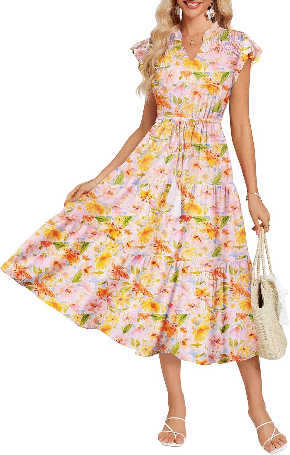 GRACE KARIN Womens Summer Floral Midi Dresses Short Sleeve Beach Wedding Guest Dress Drawstring Long Flowy Dress with Pockets