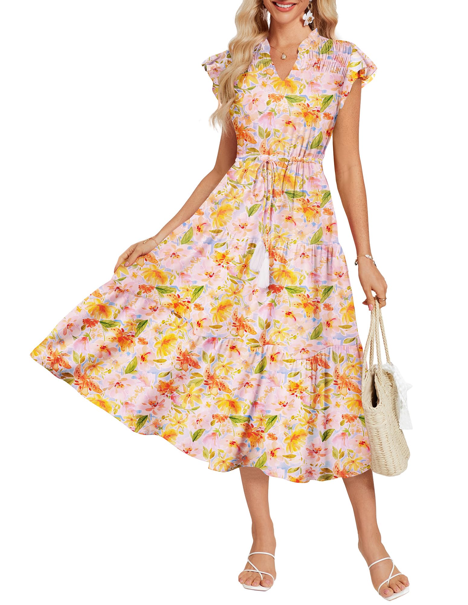 GRACE KARIN Womens Summer Floral Midi Dresses Short Sleeve Beach Wedding Guest Dress Drawstring Long Flowy Dress with Pockets