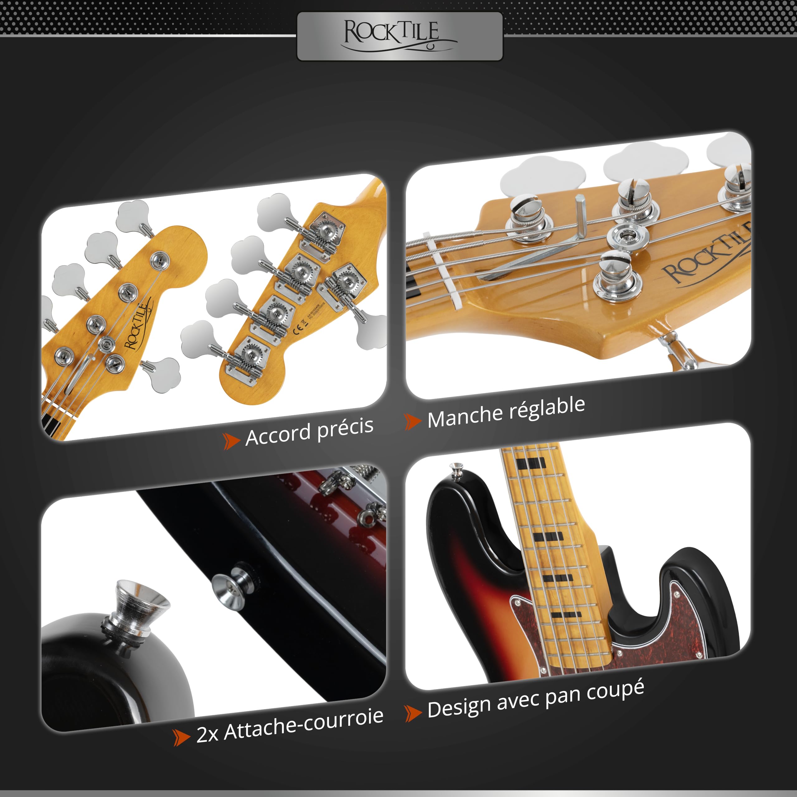 Rocktile Pro JBS50-SB Basse Électrique 5 Cordes JB-Style avec Corps en Tilleul - Manche en Érable & Touche en Érable - 2x Single Coil pickups - 2x Volume, 1x Tone - Mensur 34" - Sunburst