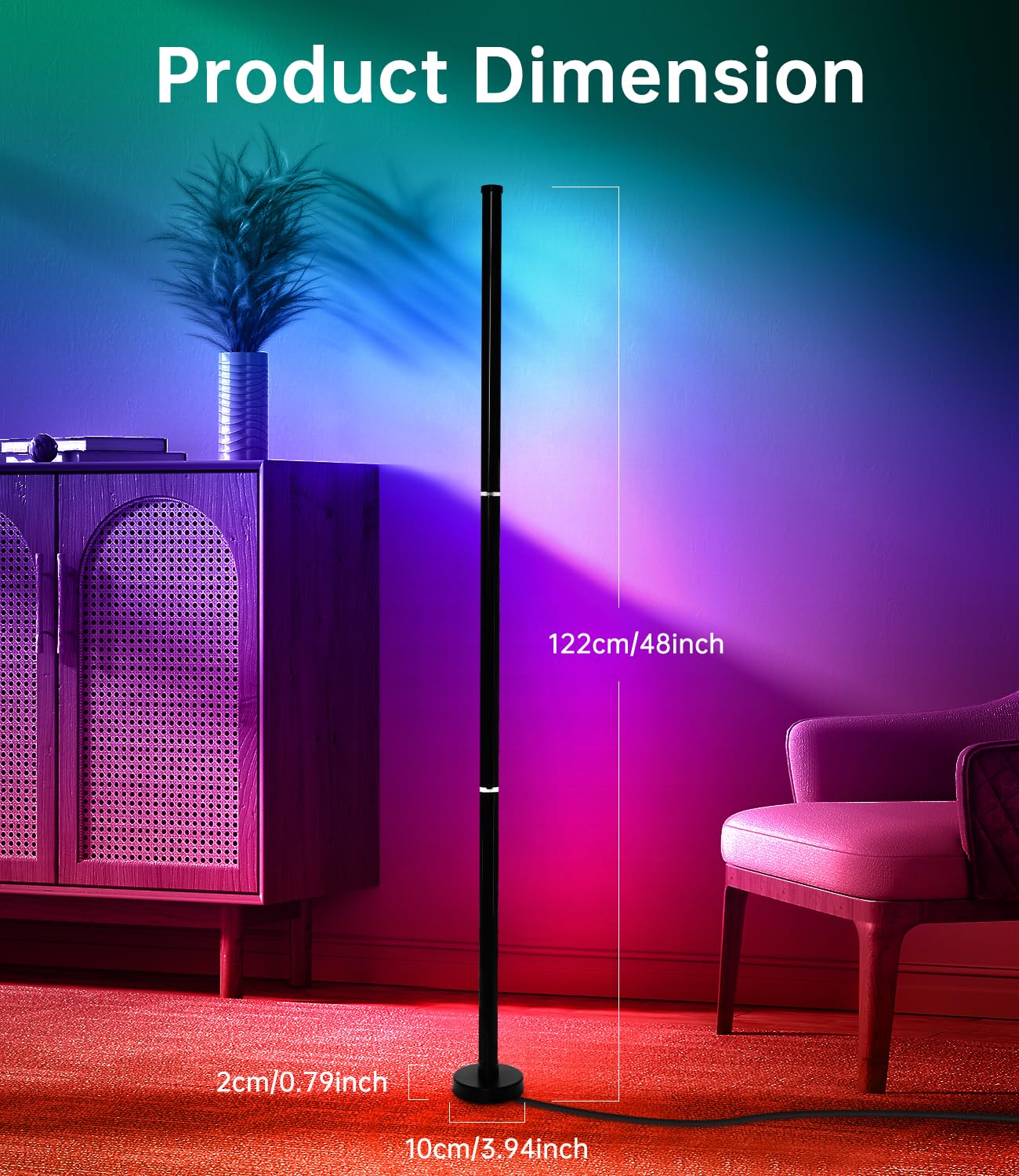 Lámpara De Pie LED RGB Regulable 160 Cm | 16 Millones De Colores | Control Por App, Mando Y Botón | Sincronización Con Música Y Temporizador | Decoración Para Salón Y Fiestas