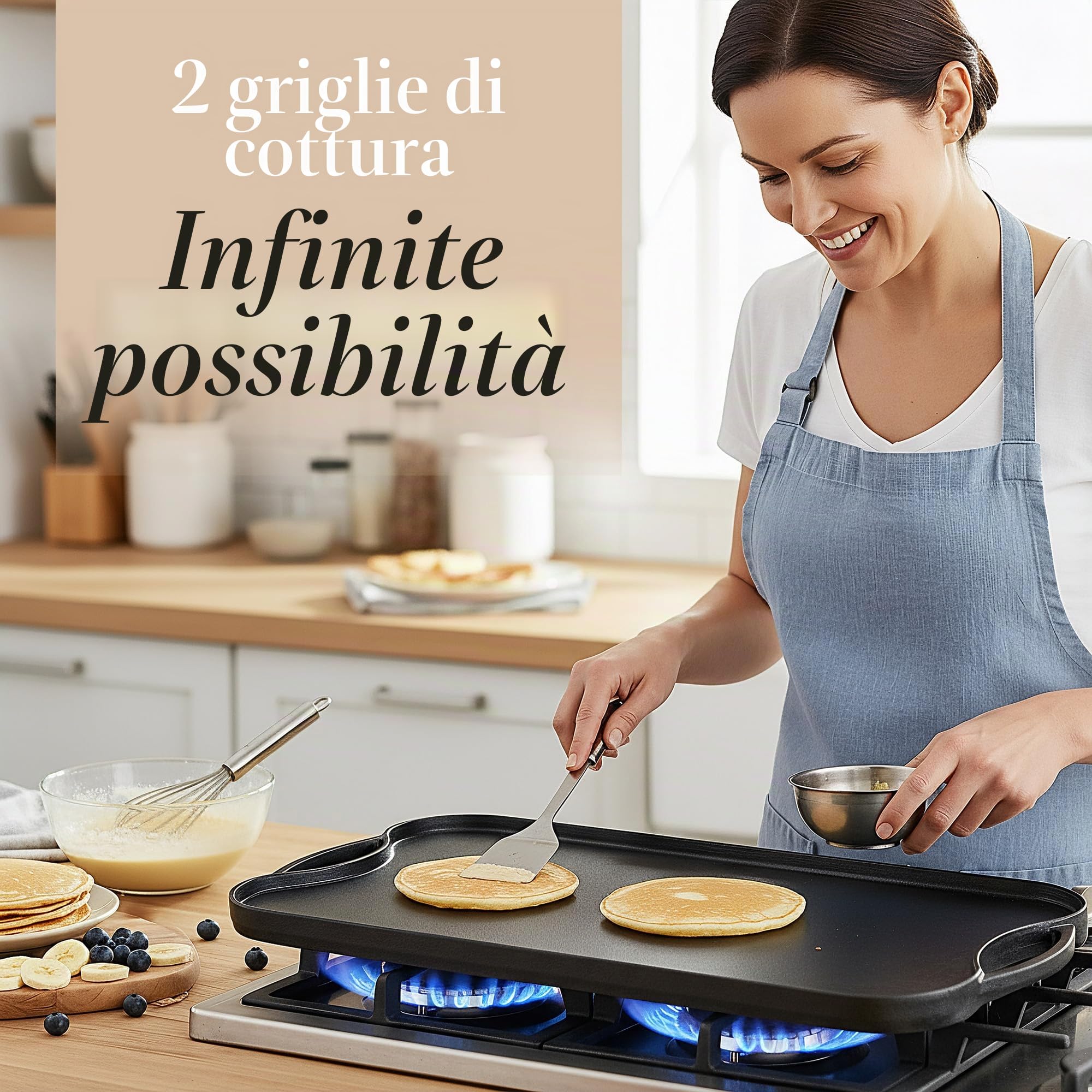 Piastra in ghisa per piano cottura a gas e grigliate su due lati, pre-stagionata, per una cucina sana e deliziosa, superficie piatta e scanalata, 50 x 25 cm