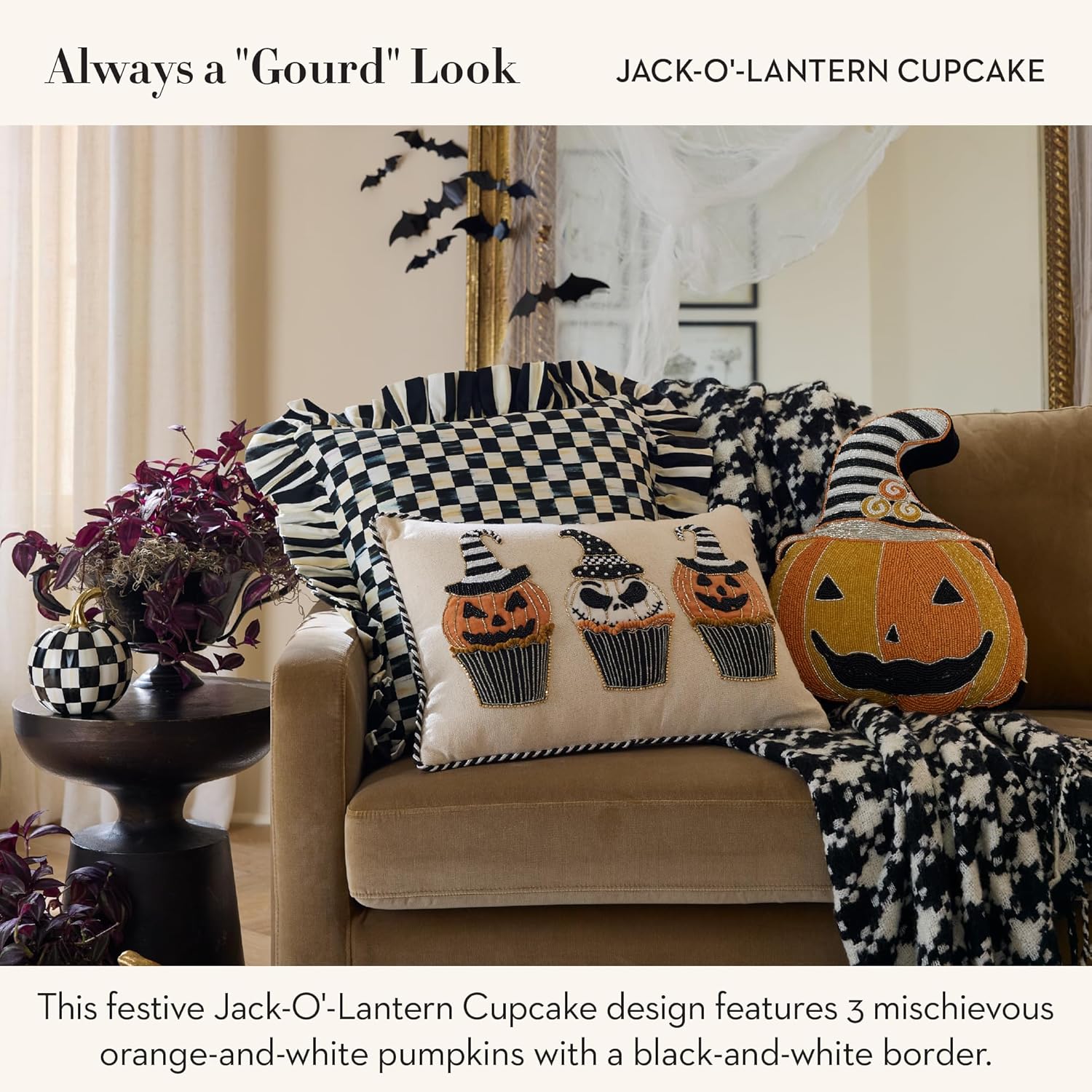 MACKENZIE-CHILDS Lumbar Throw Pillow, Decorative Cotton Pillow for Halloween, 14x20, Jack-O'-Lantern Cupcake