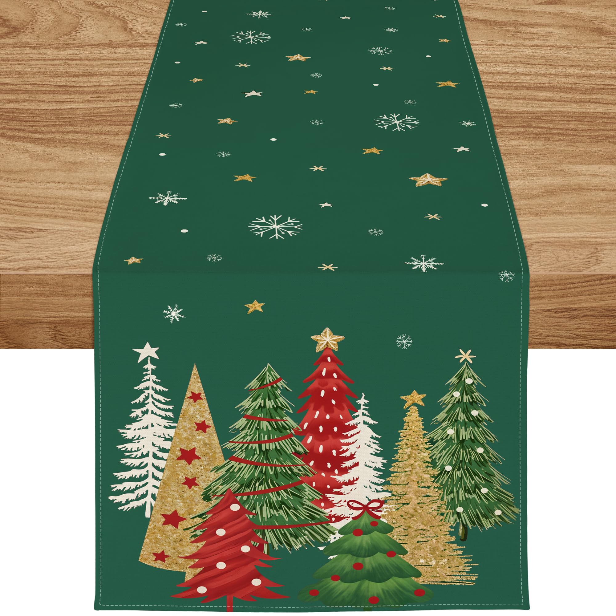 ZWJD Christmas Table Runner 40x100 cm Green Modern Christmas Decorations With Christmas Trees and Snowflakes Xmas Table Runner