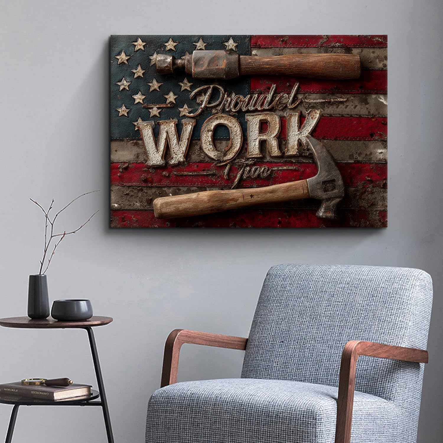 Craftline - Rustic American Flag Canvas Print Art, Retro USA Flag with Hammers Picture Cartoon Pet Theme Countryside Painting Artwork for Garage Farmhouse Workshop Home 24x16inch