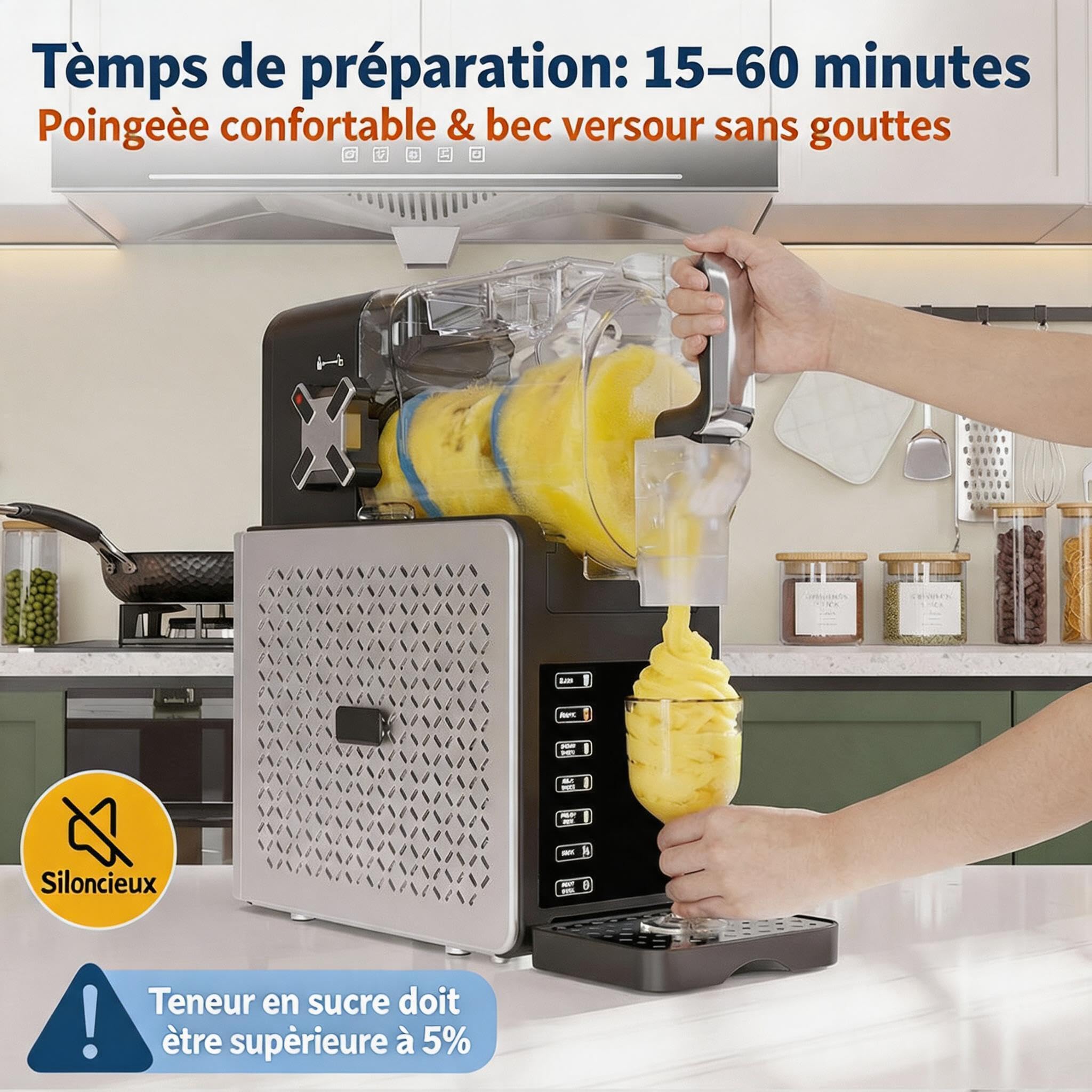 Machine à Granité 1,9L Sans Glace - 6 Programmes Automatiques, Autonettoyage, Écran LED, <45dB - Slush Maker pour Cocktails, Frappés, Milkshakes, Jus Glacés
