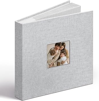 Vienrose Linen Photo Album 6x4 with Cover Window, 48 Pockets Acid-Free Pages Picture with Memo Areas, Memory Book Gift for Wedding, Family, Baby, Anniversary Light Grey