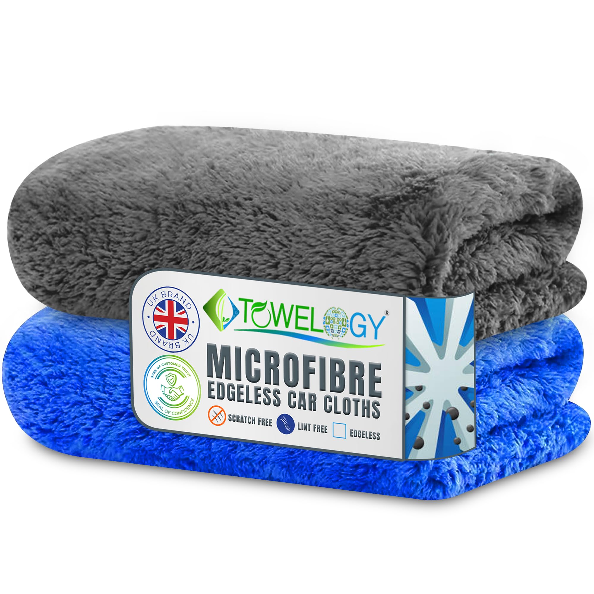 Towelogy Grey/Blue Towelogy® X009 Microfibre Edgeless Car Cleaning Cloths For Detailing Washing & Drying 500Gsm Long Plush Fibres Auto Towels 40X40cm (, 2)