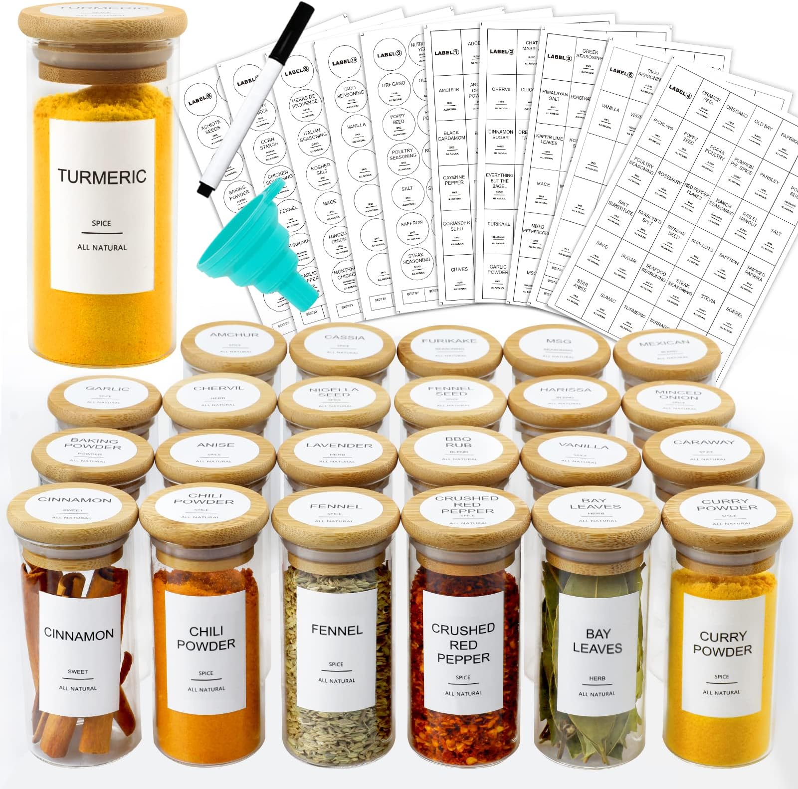 AISIPRIN 24 Pcs Glass Spice Jars with Bamboo Lids and 403 Labels