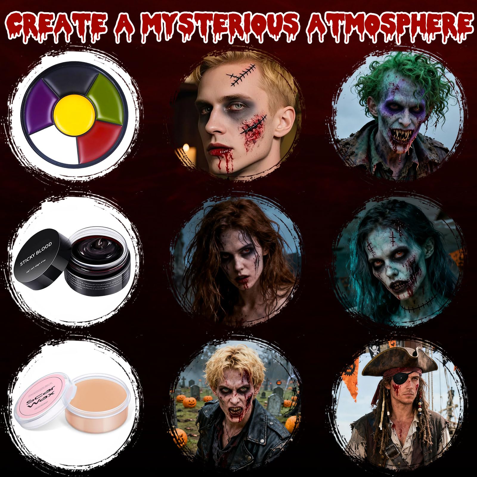 JOYTIX®Kit Trucco Halloween SFX con Sangue Finto & Cera per Cicatrici | Palette Professionale, Spugne per Croste, Pennelli, Tatuaggi Cicatrici | per