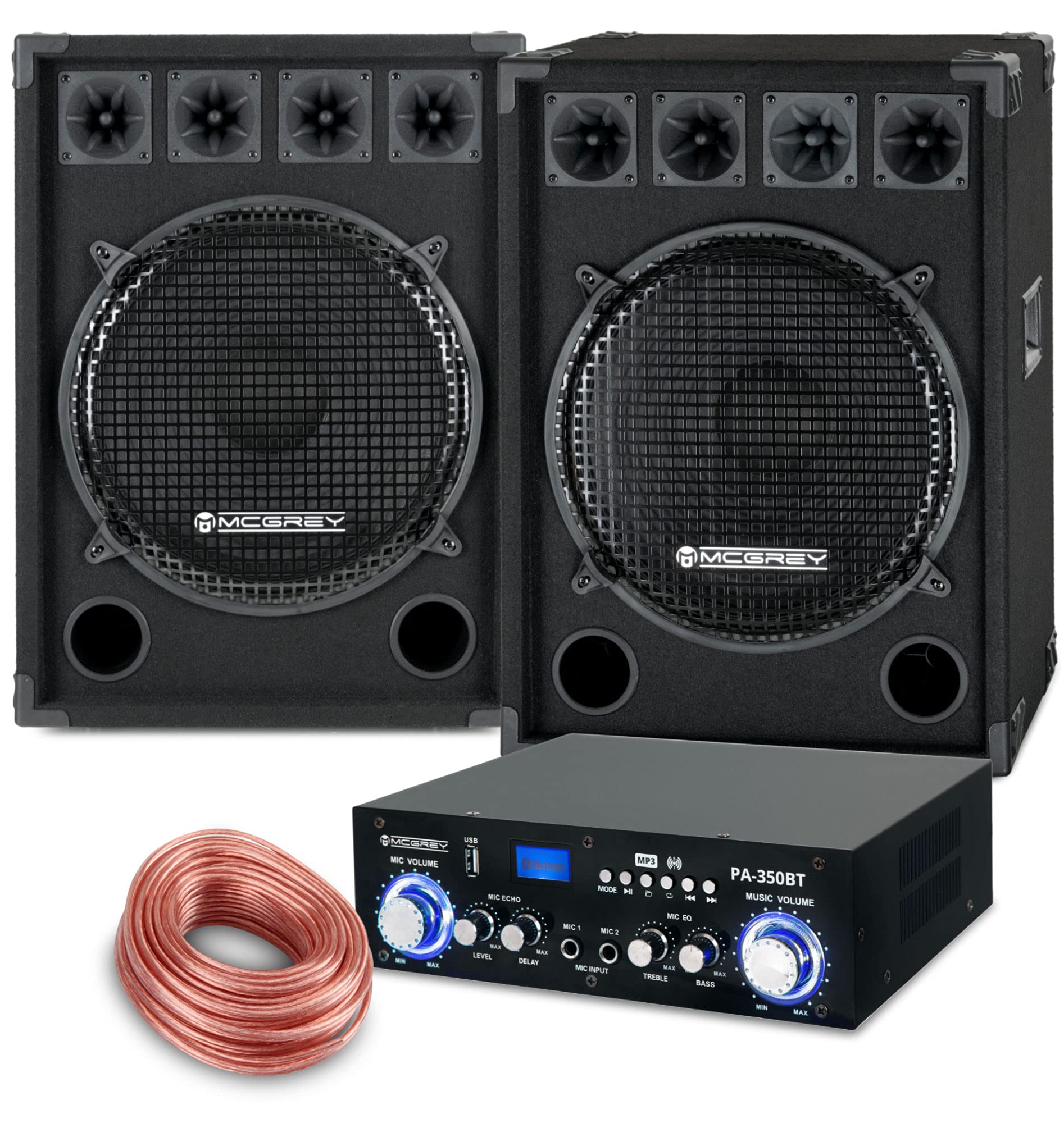 McGrey PA Komplettset DJ Anlage PowerDJ-2500 (System mit Partyboxen, Lautsprecher, 2X 800 Watt, Bluetooth-Endstufe, Verstärker, Lautsprecherkabel)