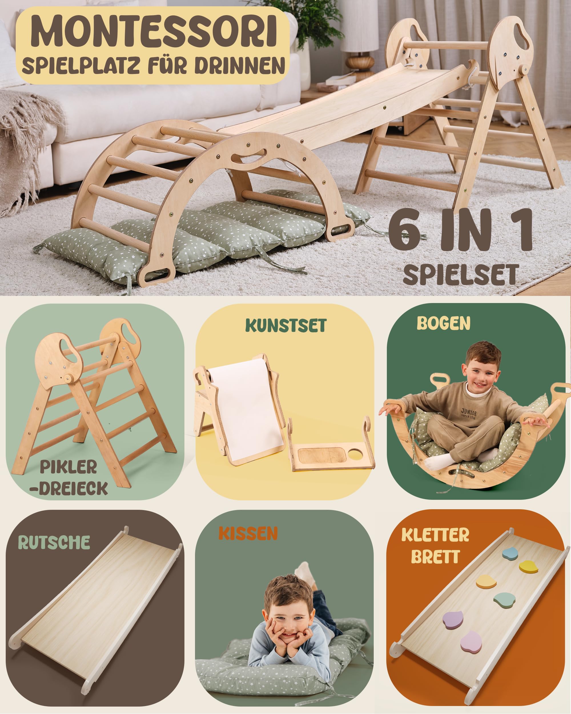 Goodevas Montessori zestaw rusztowań wspinaczkowych 5 w 1: do wnętrz, trójkąt wspinaczkowy, łuk wspinaczkowy z poduszką, zjeżdżalnia dla dzieci i do dodania sztuki, plac zabaw dla dzieci w wieku 1-3