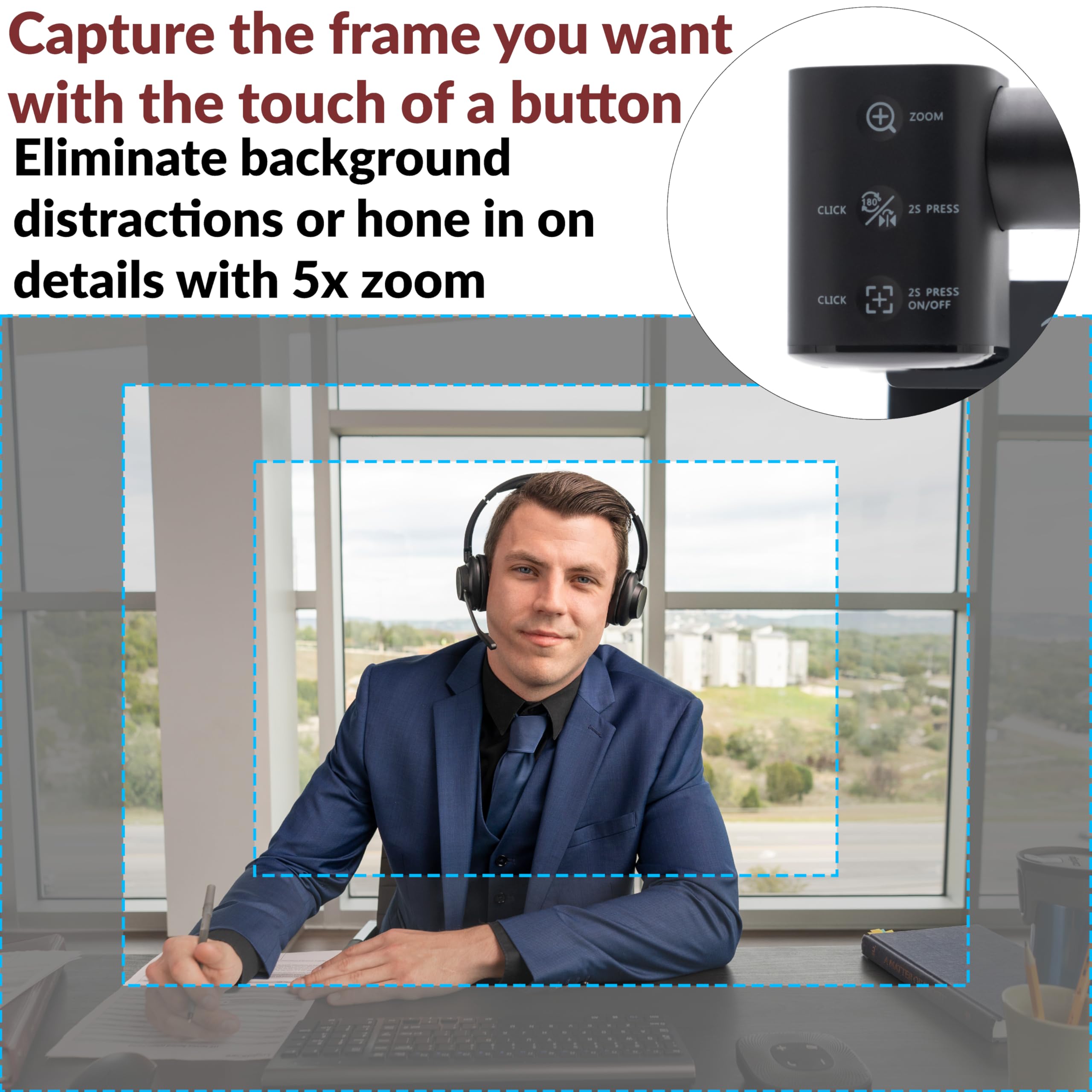 CA Essential Webcam Flex (WC-Flex) – Webcam HD multifunzione con tre posizioni di montaggio, vista centrale per un migliore contatto visivo, visualizzazione tabella per la condivisione desktop e vista