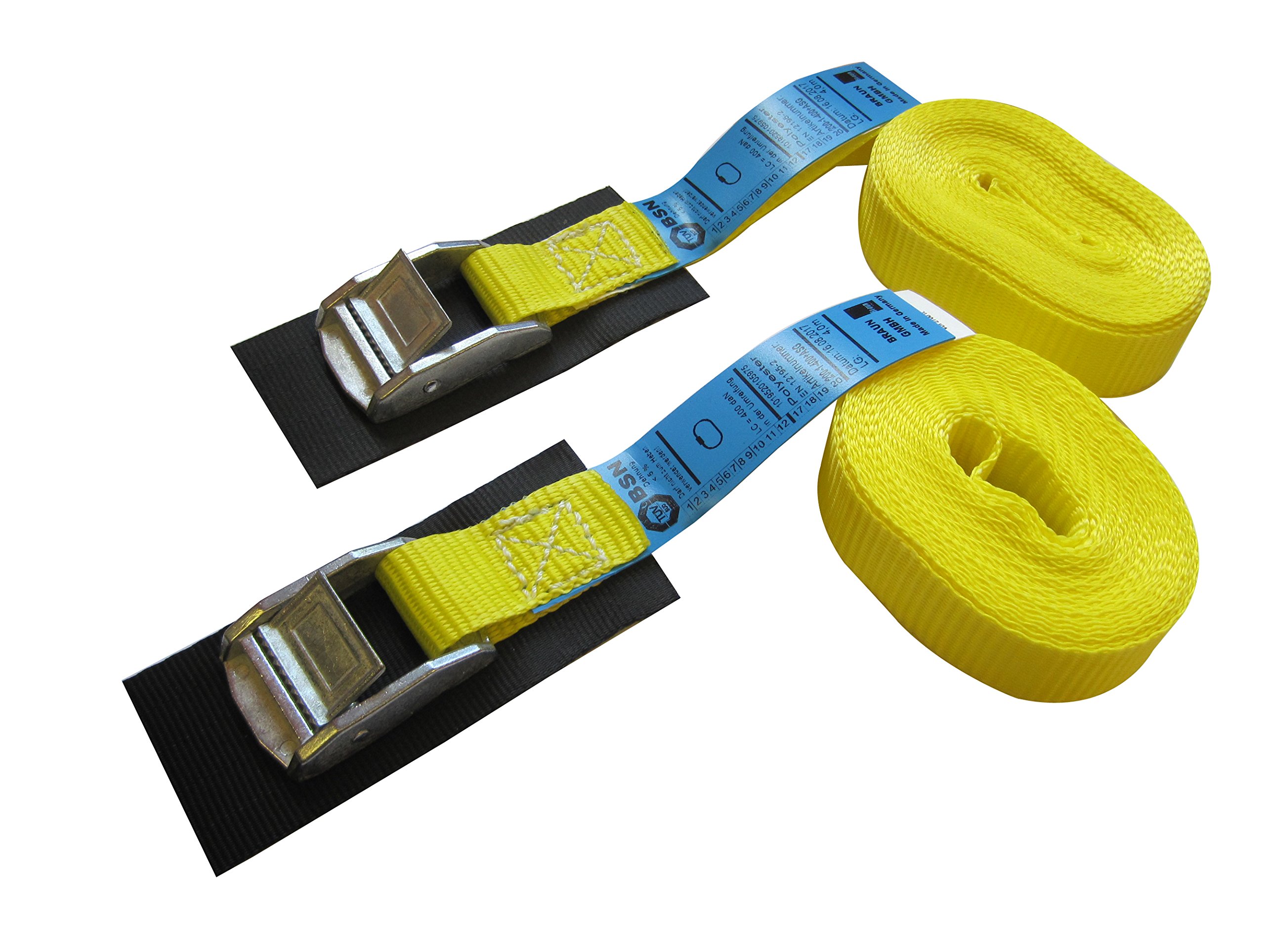 Braun 200-1-300+ASG/VE2 Lashing Strap 400 daN, One Piece, with Clamping Lock Underlay, for Private Transport, Colour Yellow, 3 m Length, 25 mm Bandwidth, with Clamping Lock, Set of 2