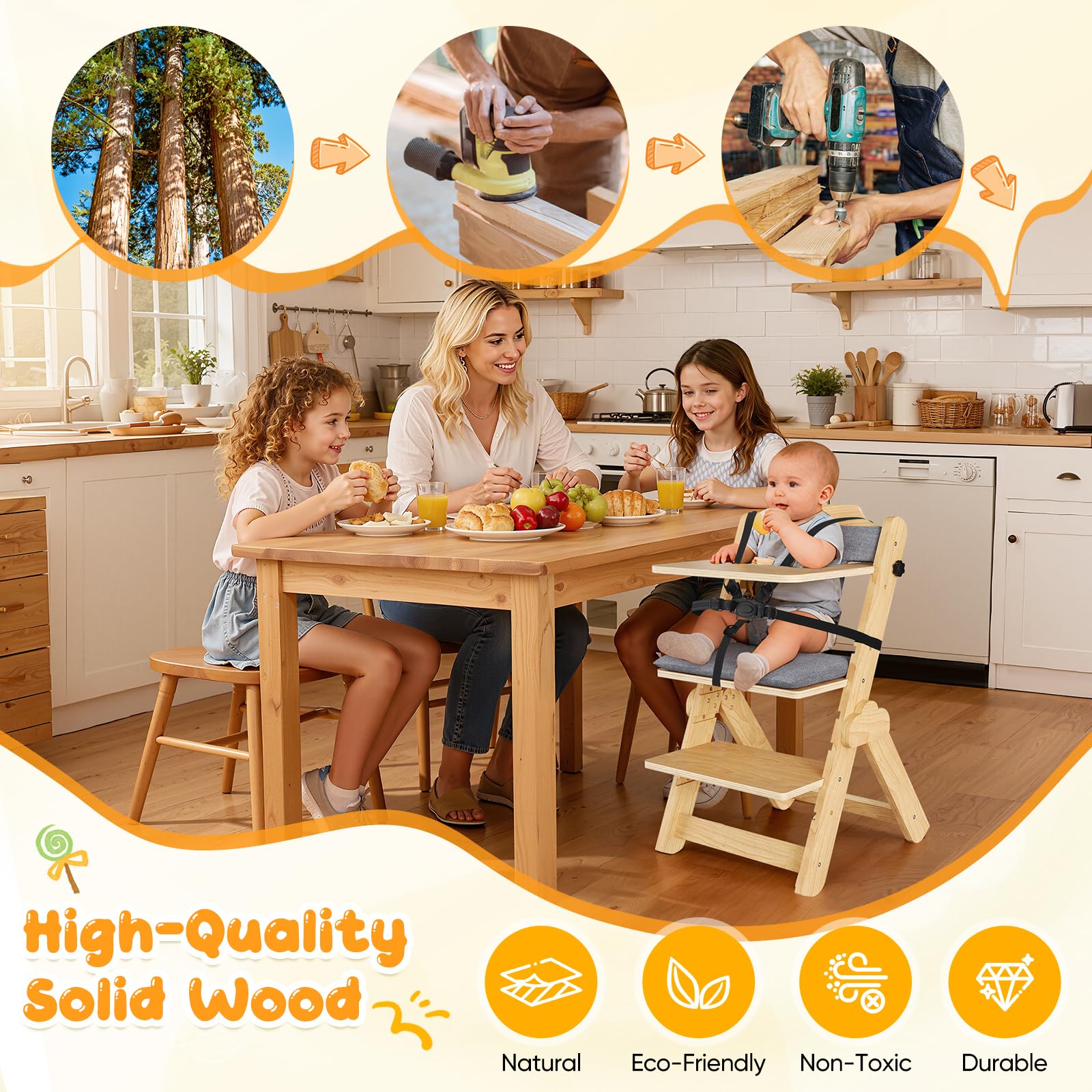 Chaise Haute Bébé Evolutive – Avec Coussin, Plateau Repas, Arceau de Sécurité, Harnais 5 Points et Sangle d’Entrejambe,en Bois Naturel, Chaise d'alimentation, Évolutive, Réglable