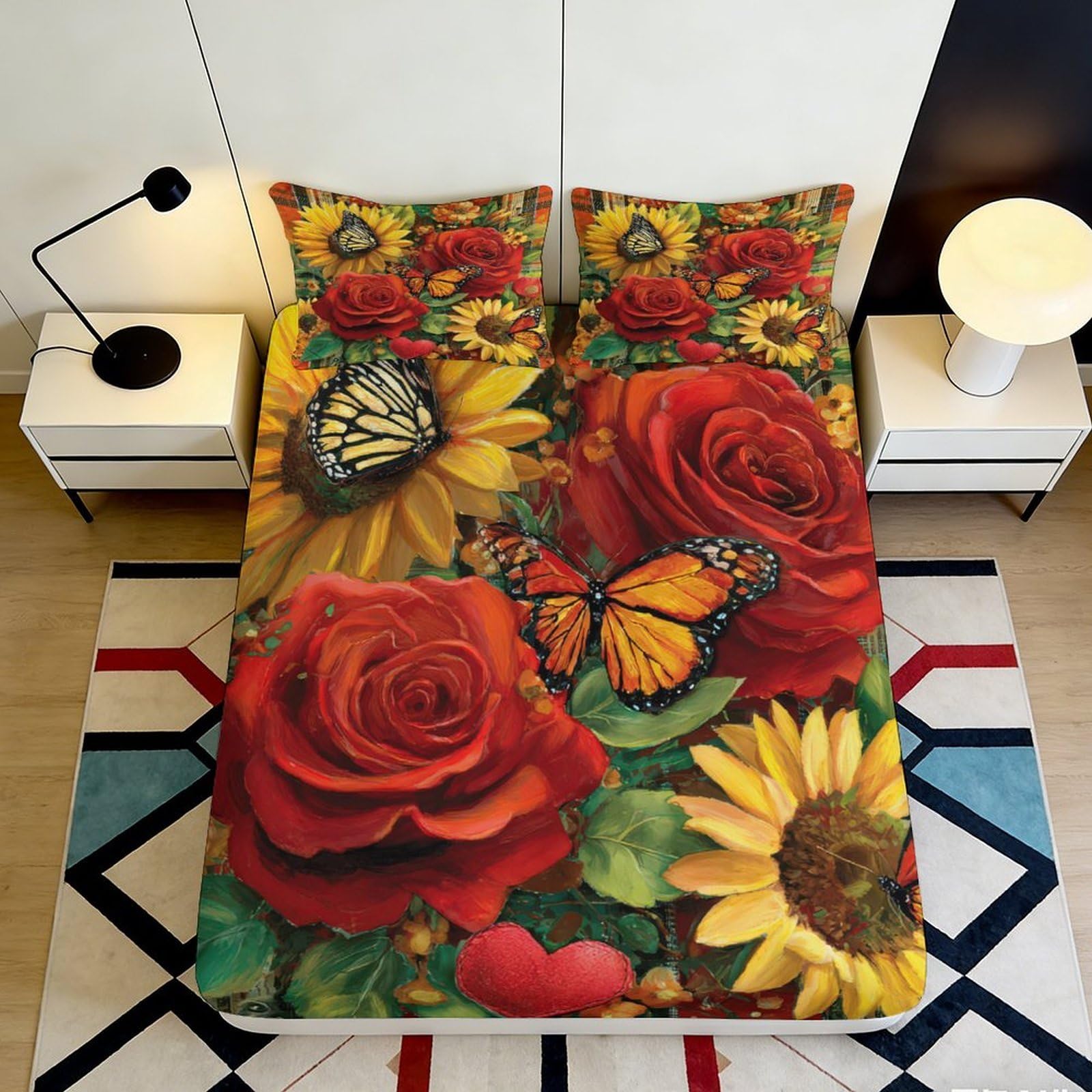 Pnayamiorkfel Style-5 3D Printed Red Rose Butterfly Fitted Sheet Microfiber Soft Sunflower Mattress Cover For Bedroom Dorm Decoration Protection 90X200x25cm