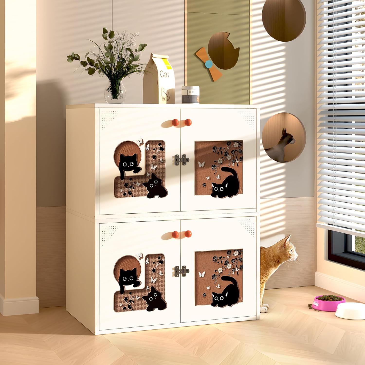 Cat Litter Box Enclosure, Metal Hidden Litter Box Furniture Decorative Cat Cabinet with Removable Divider, Side End Table with Patterned Door, Dog Proof Indoor Cat House (Cream)